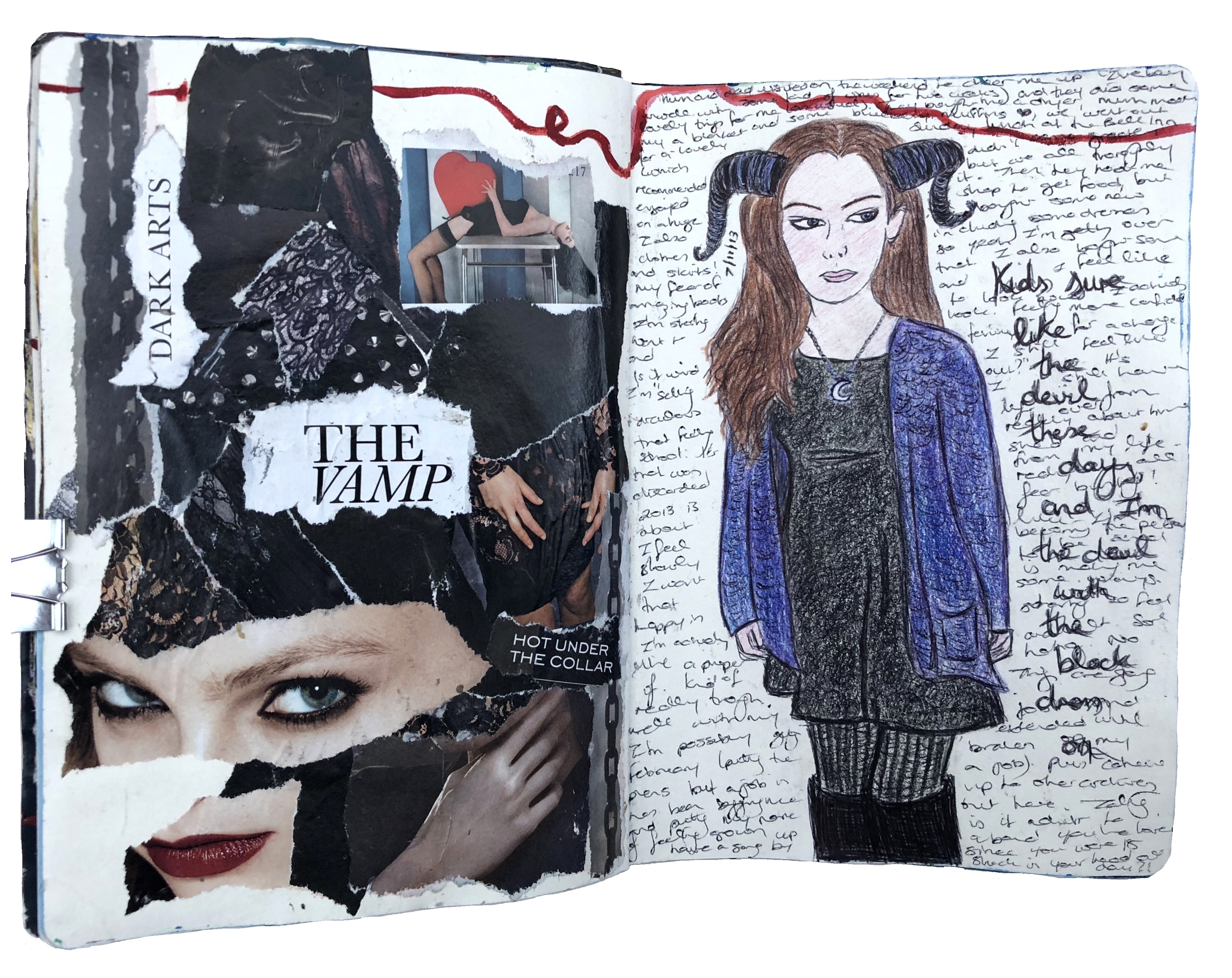 A mixed media art journal illustration of myself in a dress with horns with lyrics by the band Jack Off Jill and a vampy torn paper collage.