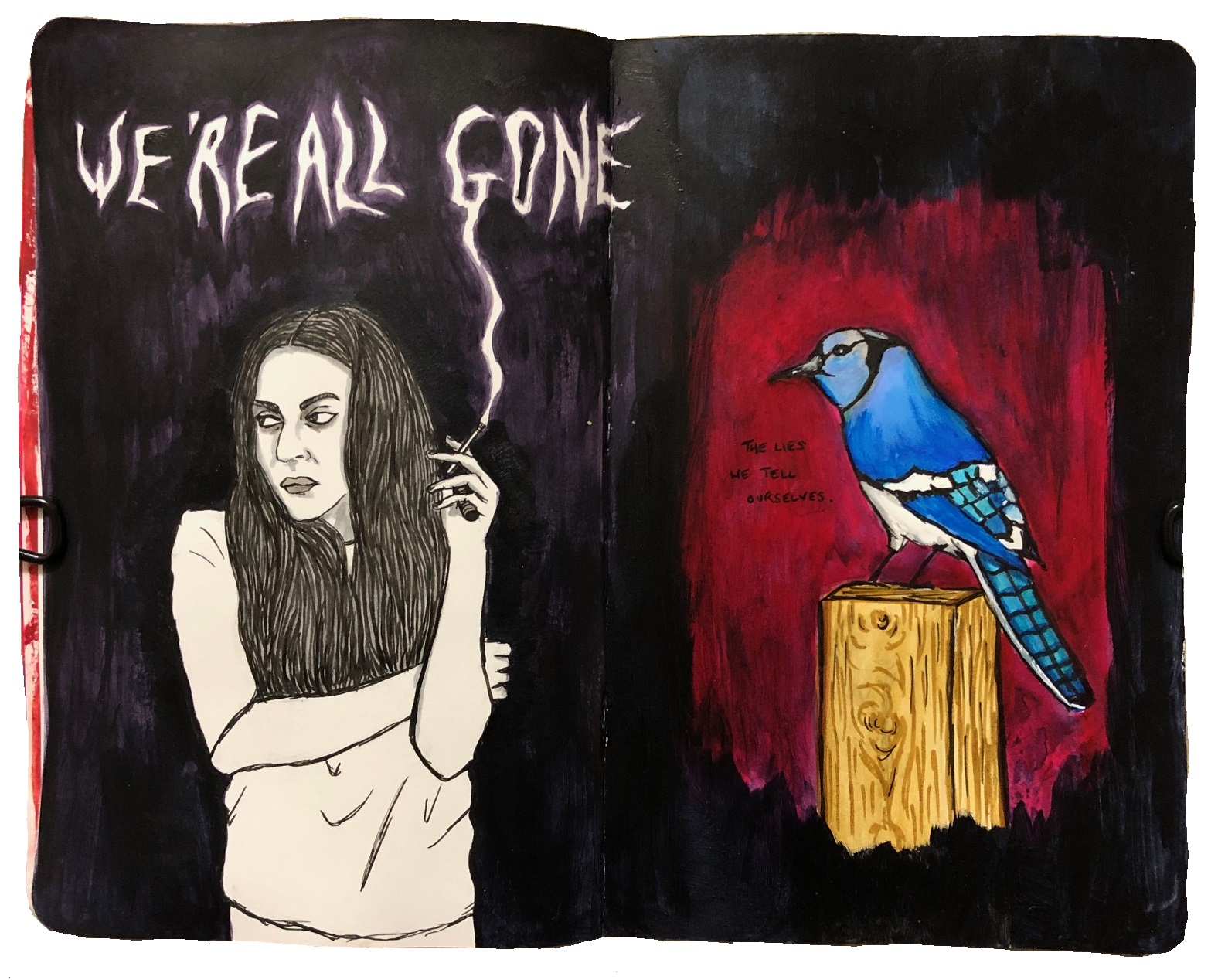 A mixed media art journal page with illustrations inspired by The Leftovers and a blue jay I saw in my backyard. Drawing of a fictitious woman from the Guilty Remnant smoking under the words we are all gone and a blue jay on a fence post next to the words, the lies we tell ourselves.