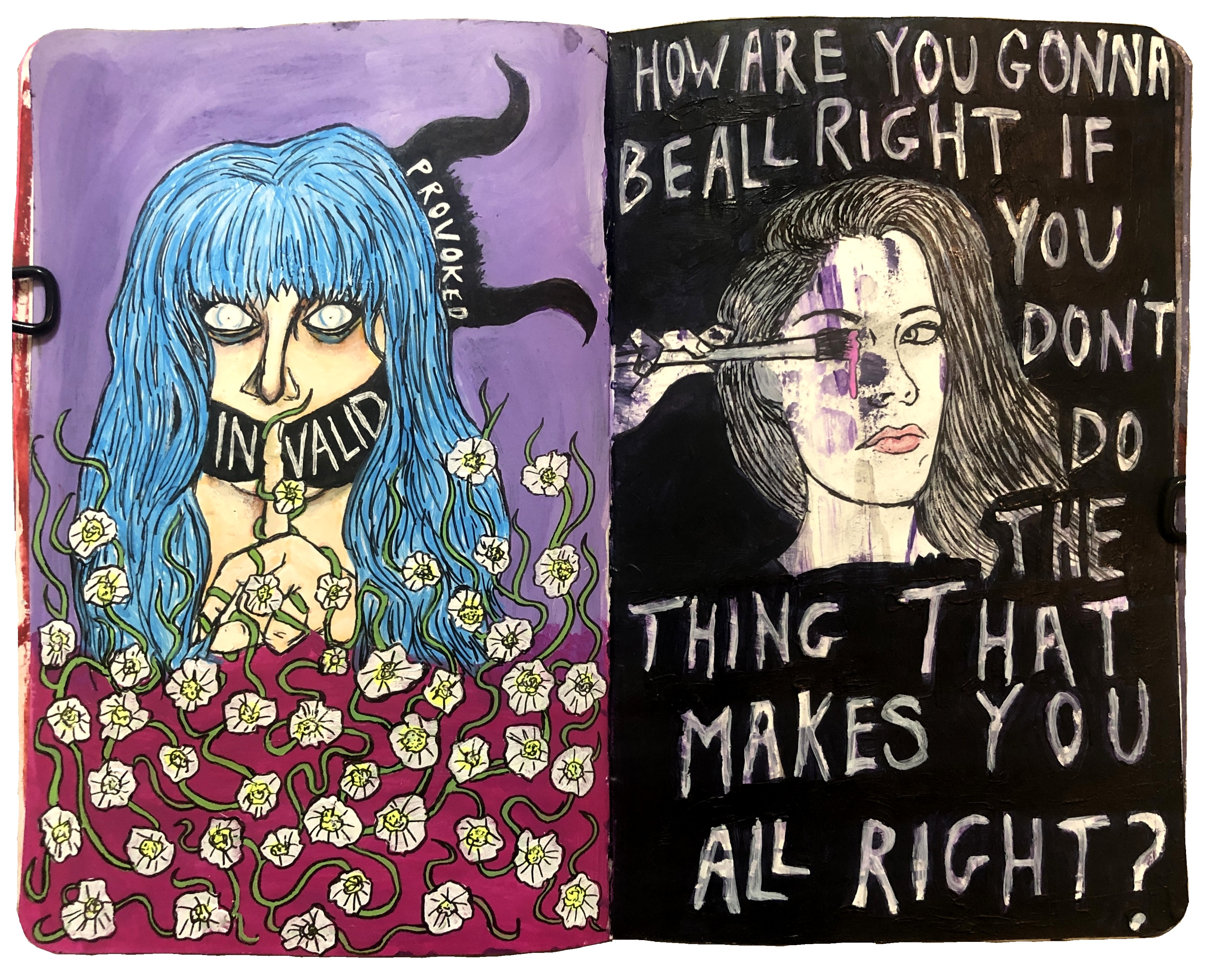 A mixed media art journal page with a portrait from the Museum by Sktchy app of a woman with white eyes and blue hair, holding a finger up to her lips with the word invalid written across. There is a bull demon poking out behind her with the word provoked across its head. She is surround by field bindweed. The right side has a self portrait holding a paintbrush over my eye, surrounded by a quote by Josh Homme.