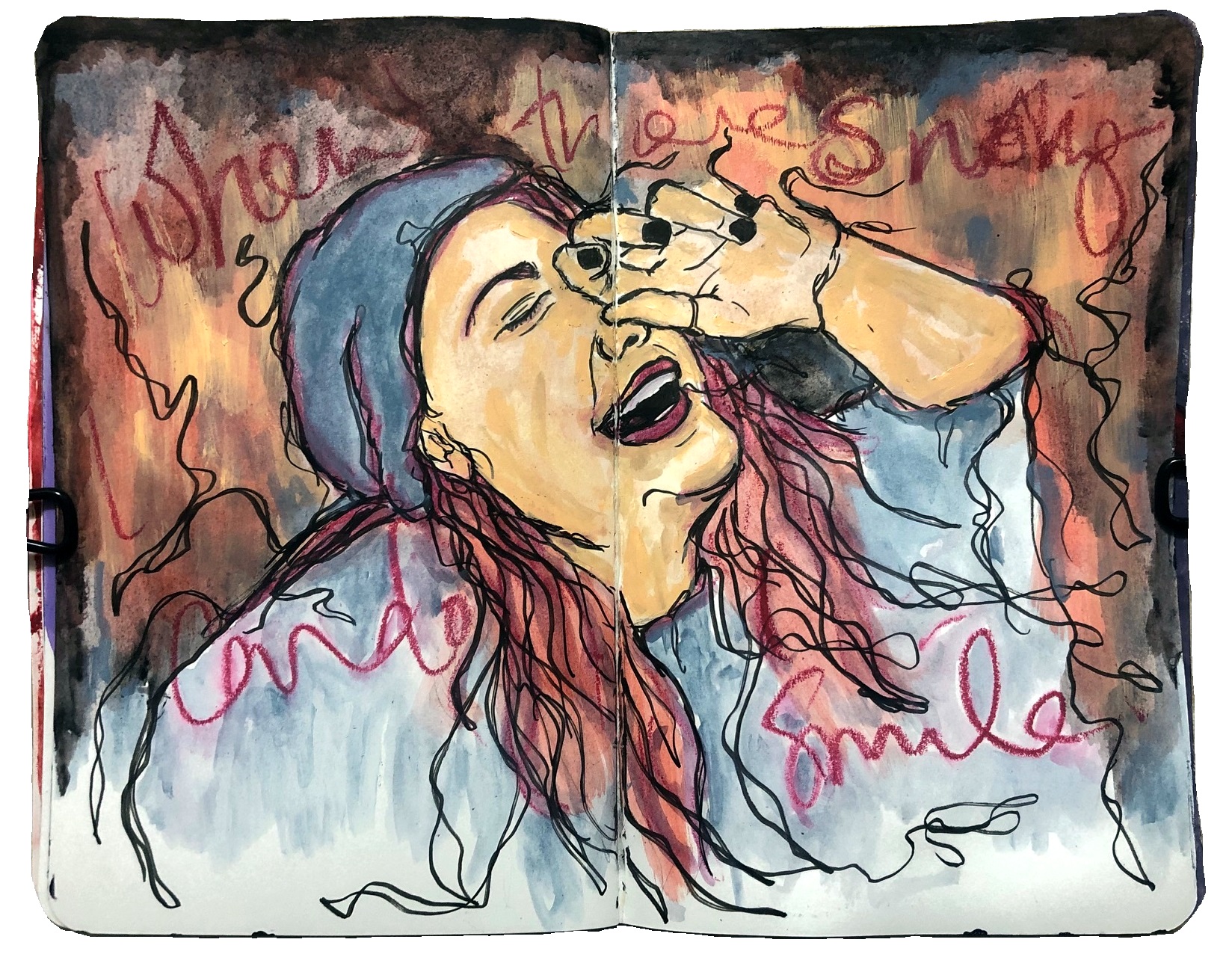 A mixed media art journal spread with an illustration of a woman smiling with scrawled lyrics by Queens of the Stone Age. Reference photo is pieceocheesecake on the Museum by Sktchy app.