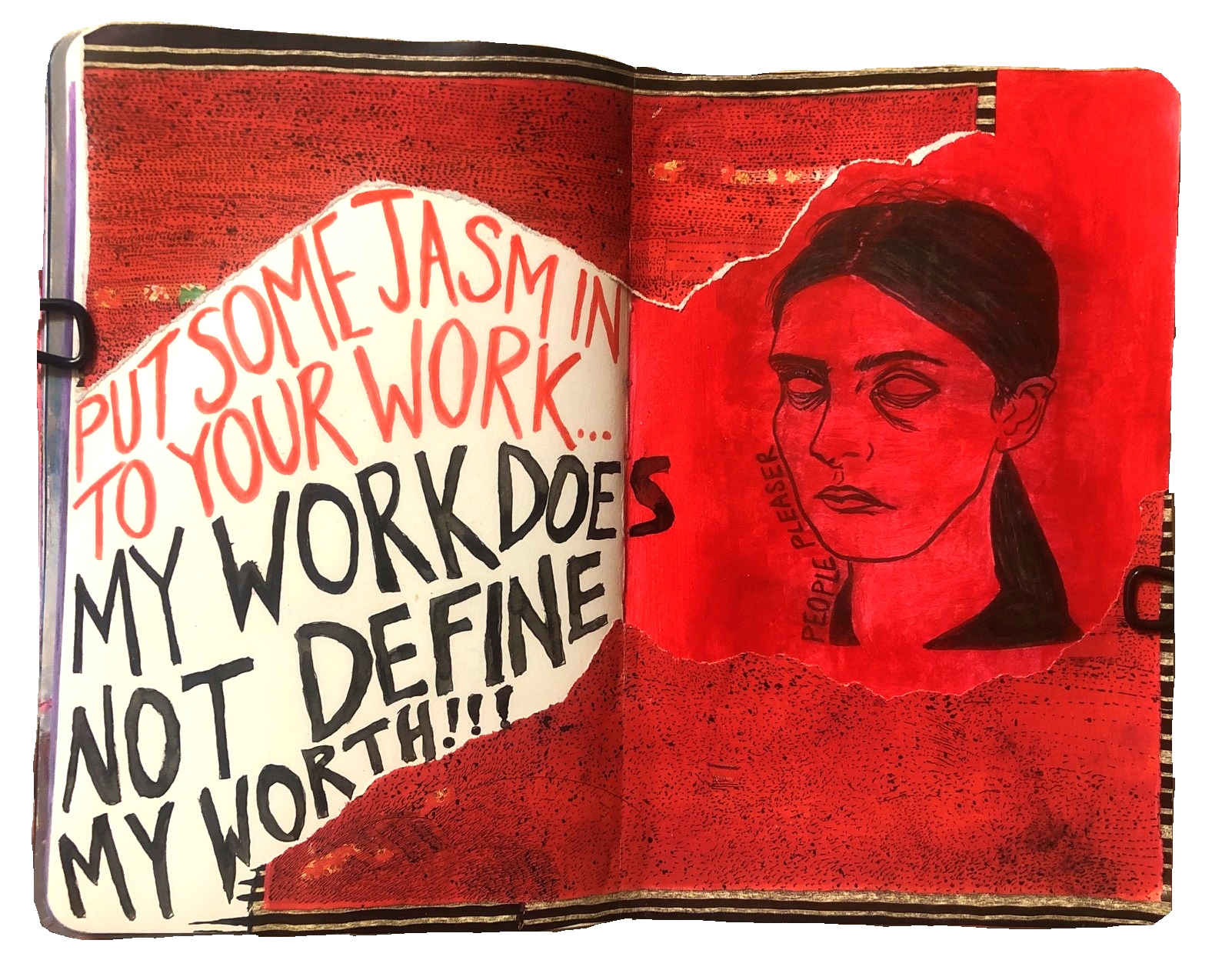 A mixed media art journal page with an illustration of a frazzled looking woman, the words people pleaser next to her, and some words about work not defining worth. It also includes an inside joke from work.