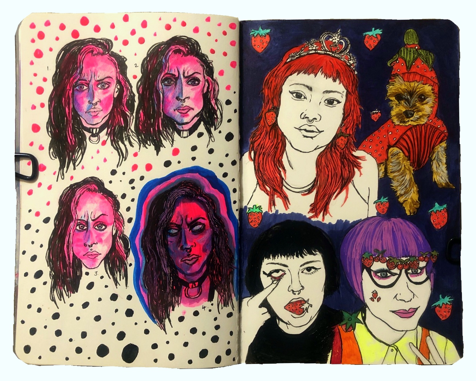 A mixed media art journal page with an illustrations inspired by Greg Kletsel’s YouTube video, Finding Your Illustration Style Through Iteration. Some of it was done while I had Covid. The page on the right are strawberry-themed drawings, reference photos were from the Museum by Sktchy app.