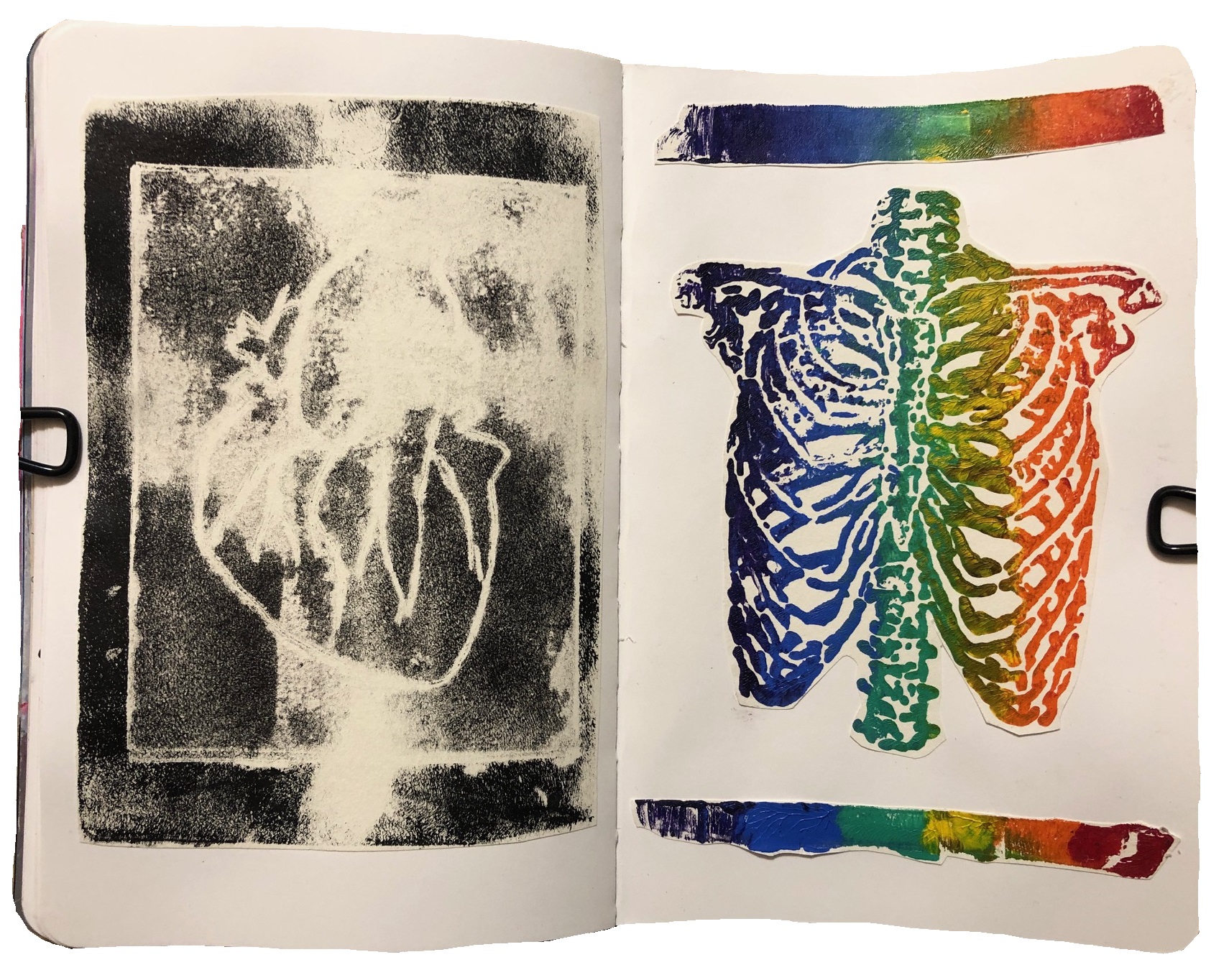 A mixed media art journal page with monoprinting experiments using a gel plate, I used a stencil of a rib cage on the right.