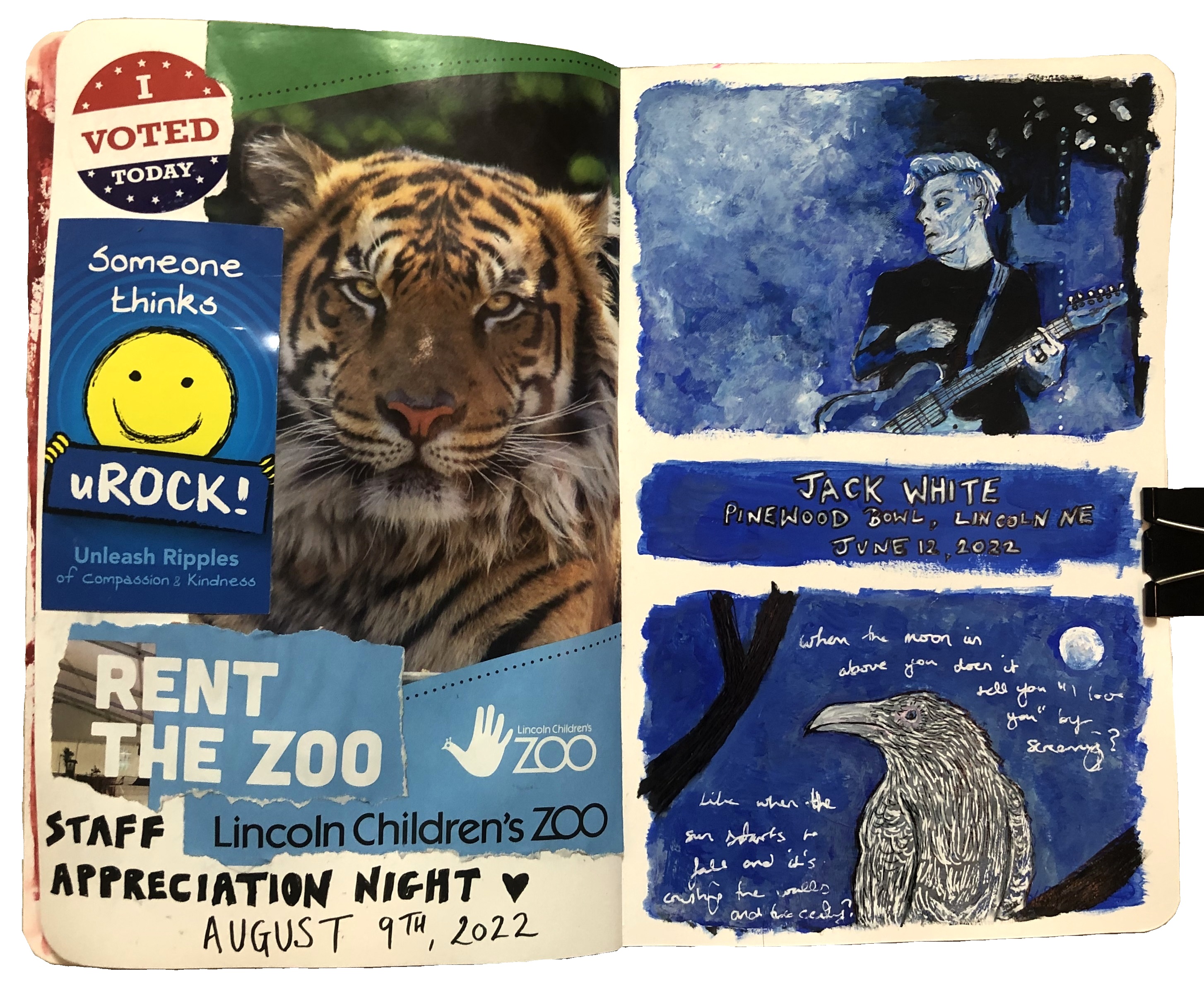 A mixed media art journal page with ephemera on the left side and a painting of Jack White playing live and a white raven in the moonlight with lyrics by Jack White surrounding it.