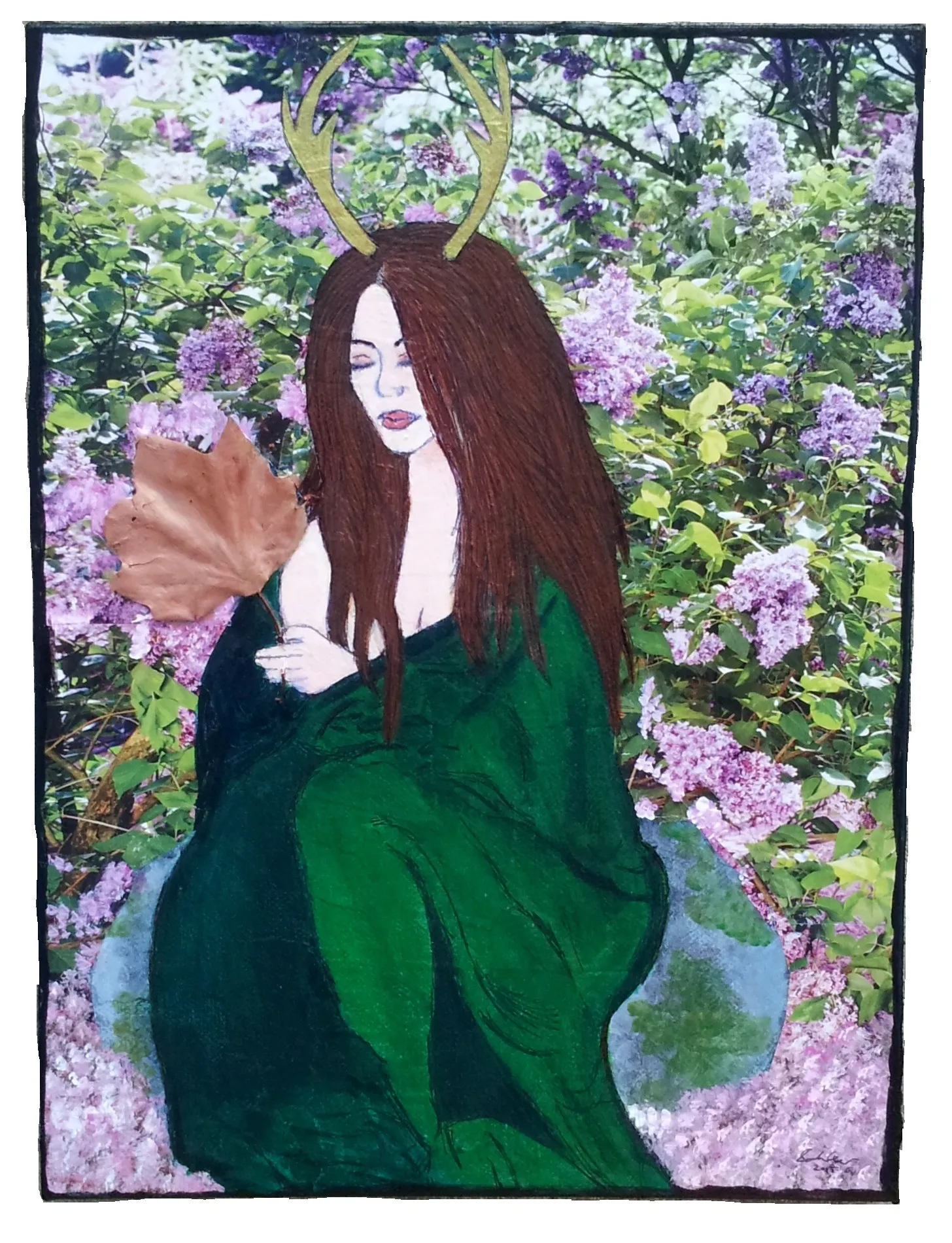 A mixed media canvas illustration and collage of an antlered woman in a cape sitting on a mossy rock holding a real leaf in a floral forest inspired by the band Alunah; the canvas was created with collage material, ink, and acrylic paint. I gifted this to my sister-in-law.