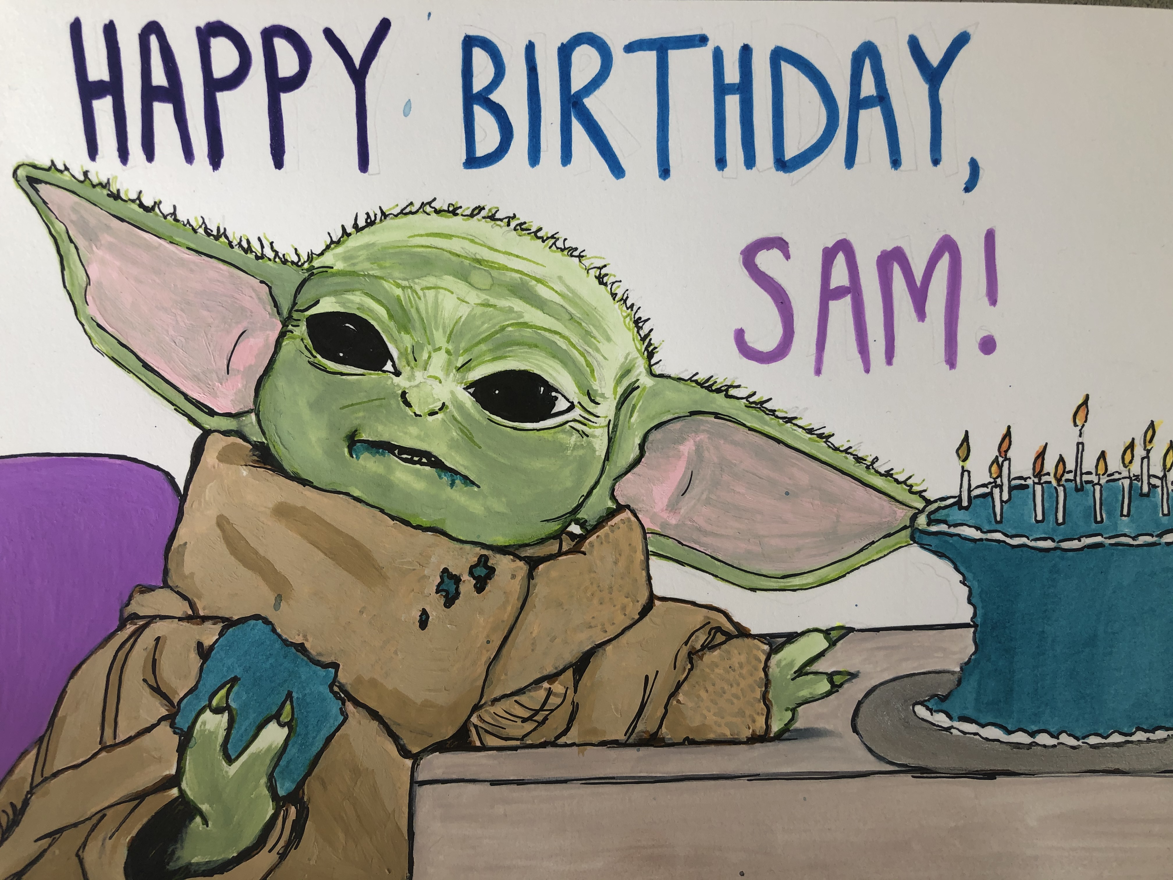 A birthday sign I made for a colleague with an illustration of baby Yoda/Grogu/the Child stealing birthday cake; the sign was created with gouache, ink, and acrylic markers.