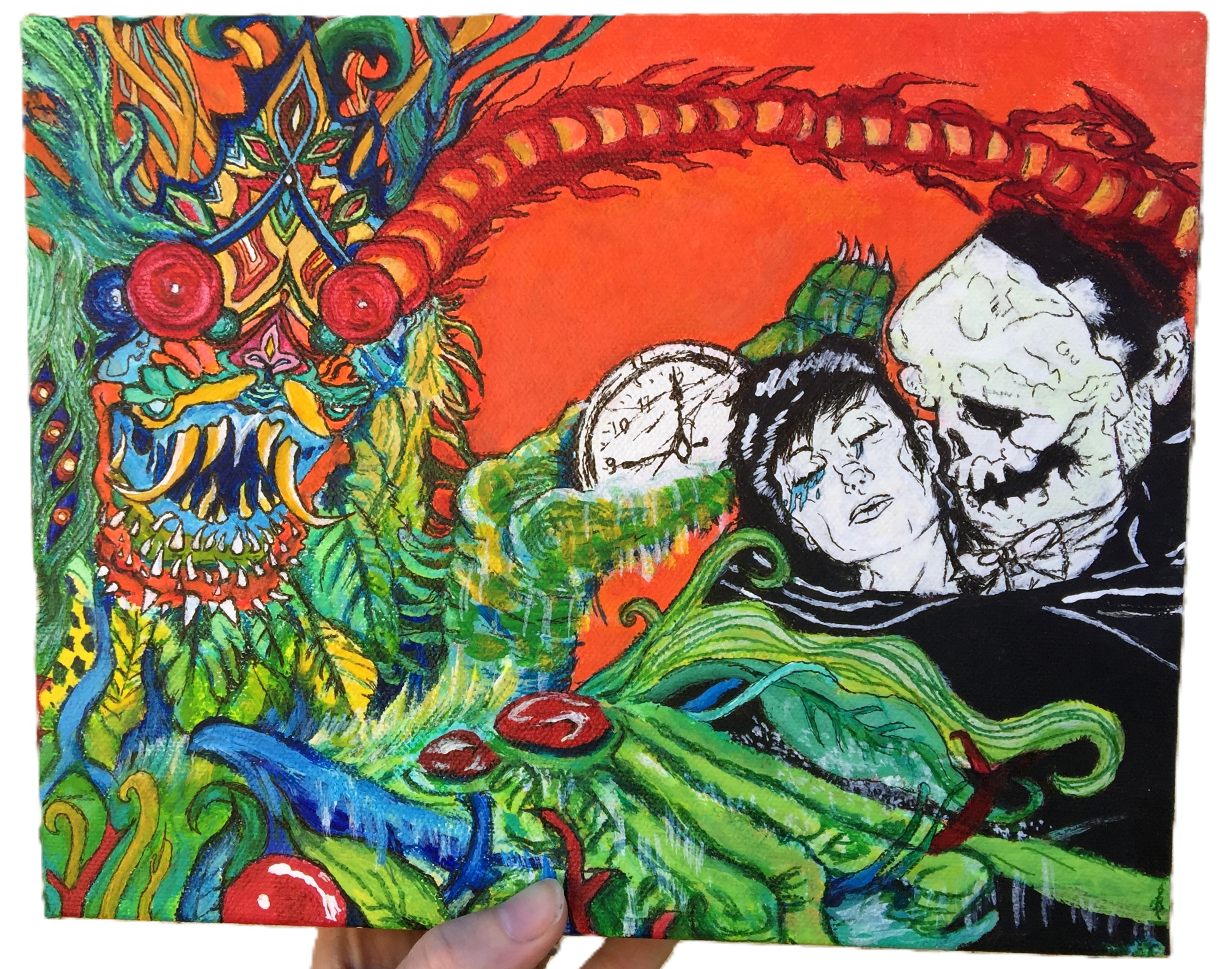 A painted canvas with a mash-up of album artwork from Mastodon's Once More Round the Sun by Skinner and Queens of the Stone Age's ...Like Clockwork by Boneface, created with acrylic paint.