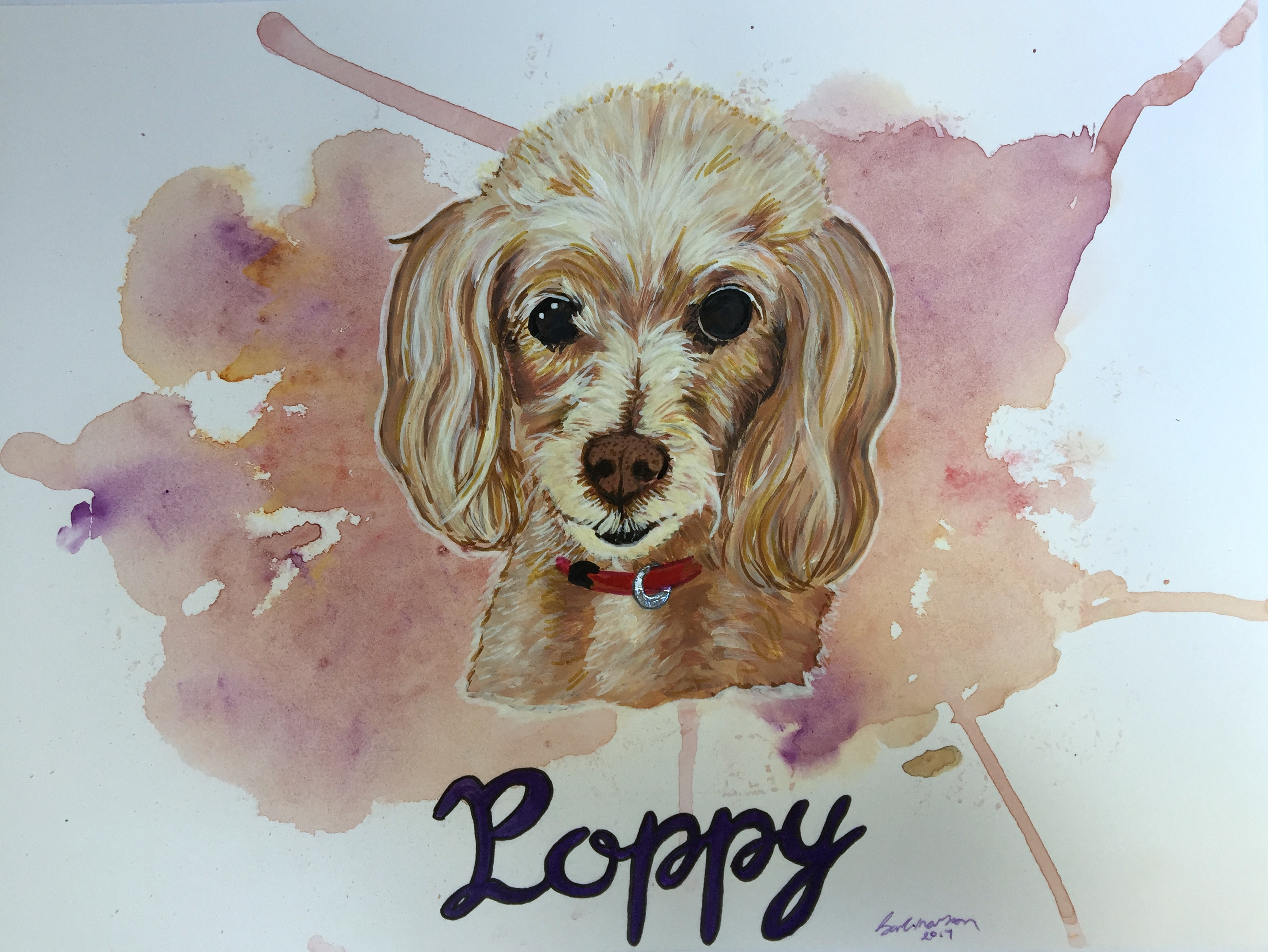 Days 322 and 323/365 of Year of Creative Habits. An experimental mixed media pet/dog portrait gift created with acrylic paint, ink, and watercolor.