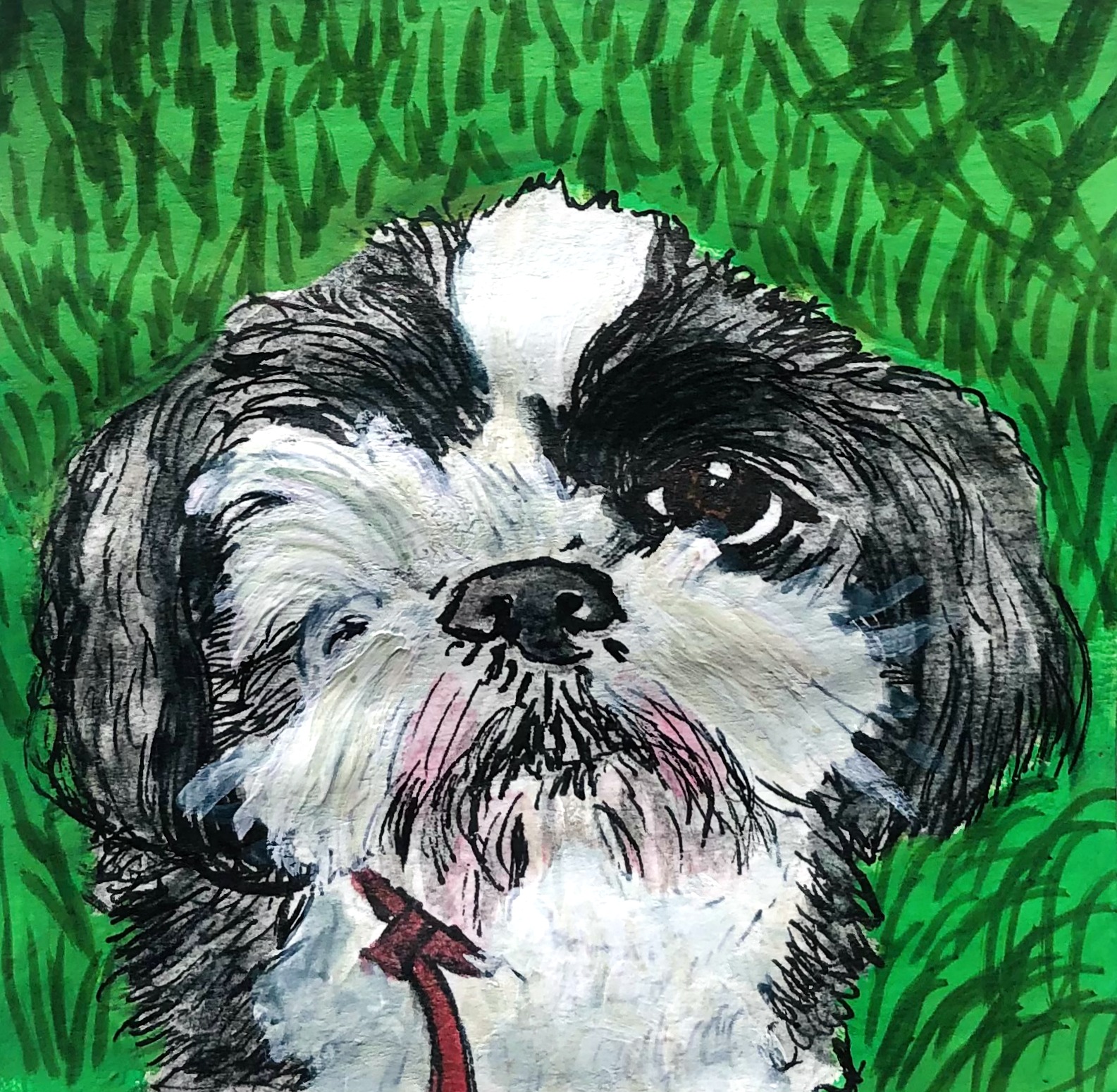 A 30 minute imperfect pet portrait. Drew this one for my mum, of her friend's one-eyed dog, Barnaby. Created with acrylic paint, gouache, and ink on a post-it.