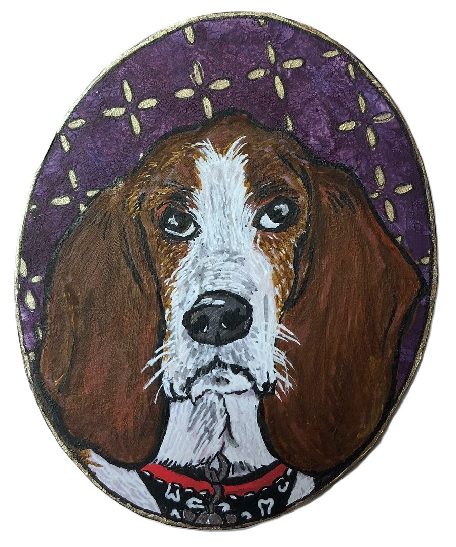 A pet portrait on a coaster of a co-workers bloodhound as a farewell gift; the art piece was created with ink, acrylic paint, and acrylic markers.
