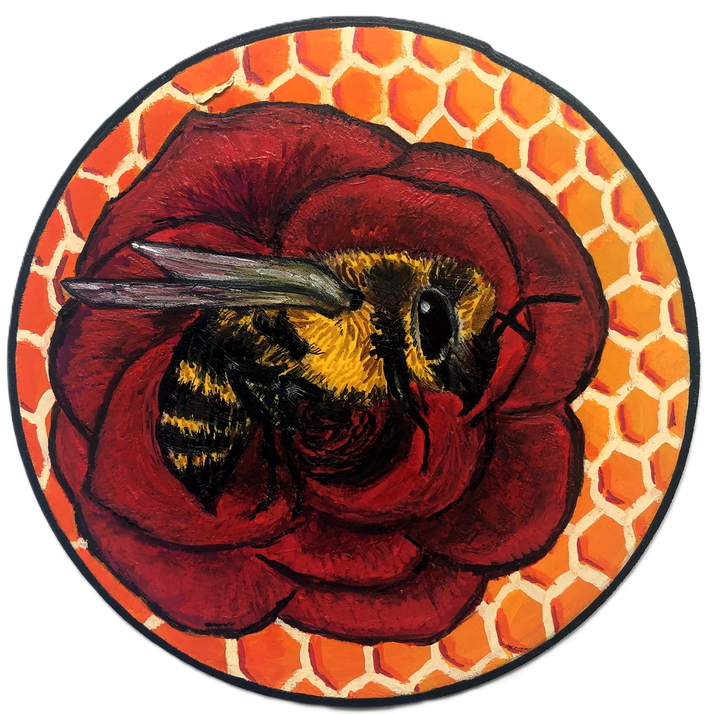 A painting of a bee on a rose on honeycomb, created with pyrography and acrylic paint on a wood panel. The painting was originally for a DeviantArt challenge but I gifted it to my mum in 2021.
