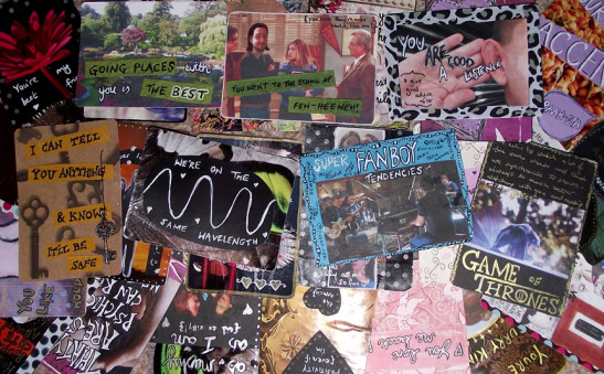 A selection of cards I made for the 52 Things I Love About You project I made for my then-boyfriend (now husband) on playing cards; I made the cards with ink, ephemera, collage material, and acrylic paint.