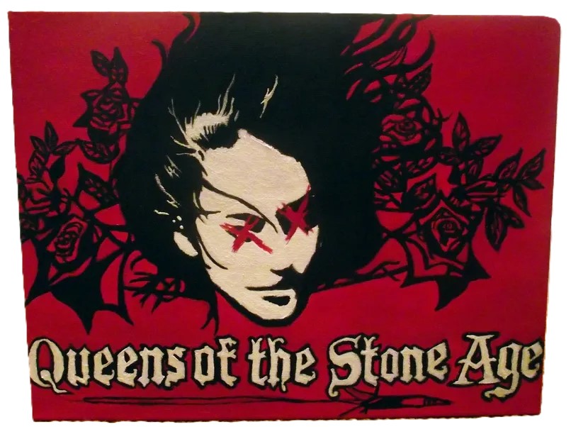 A canvas copied from a Queens of the Stone Age t-shirt I made as a gift for my crush (now husband). Acrylic paint on canvas. The sides have lyrics from his favorite QOTSA song, In the Fade.