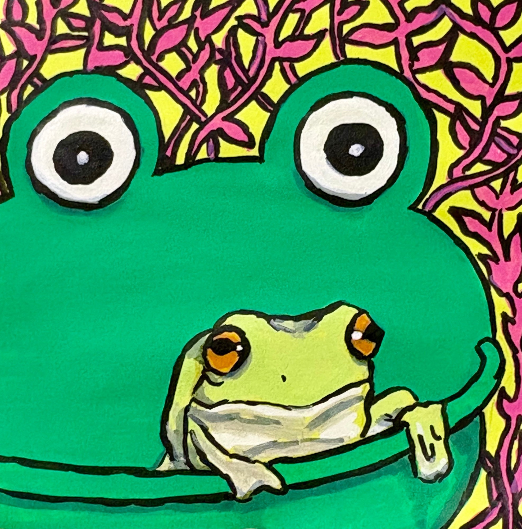 An illustration of a green frog in a bigger plastic frog looking kind of stoned and contemplating existence. There are doodles of pink leaves around the frogs. The illustration was created with acrylic markers on a sticky note.