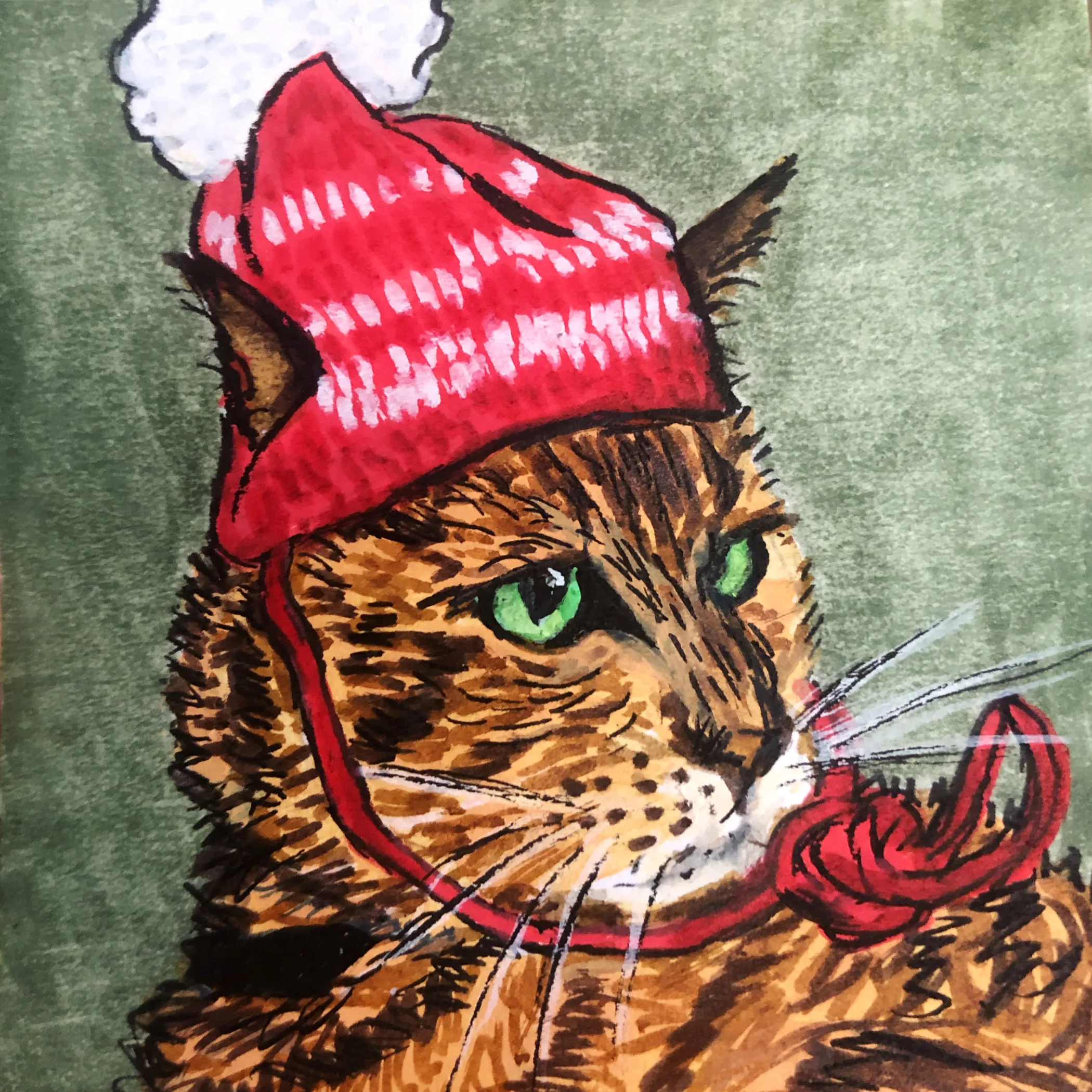 A post-it note mini art illustration of a cat in a red hat, drawn for a friend to cheer her up during lockdown; the piece was created with ink and acrylic markers.