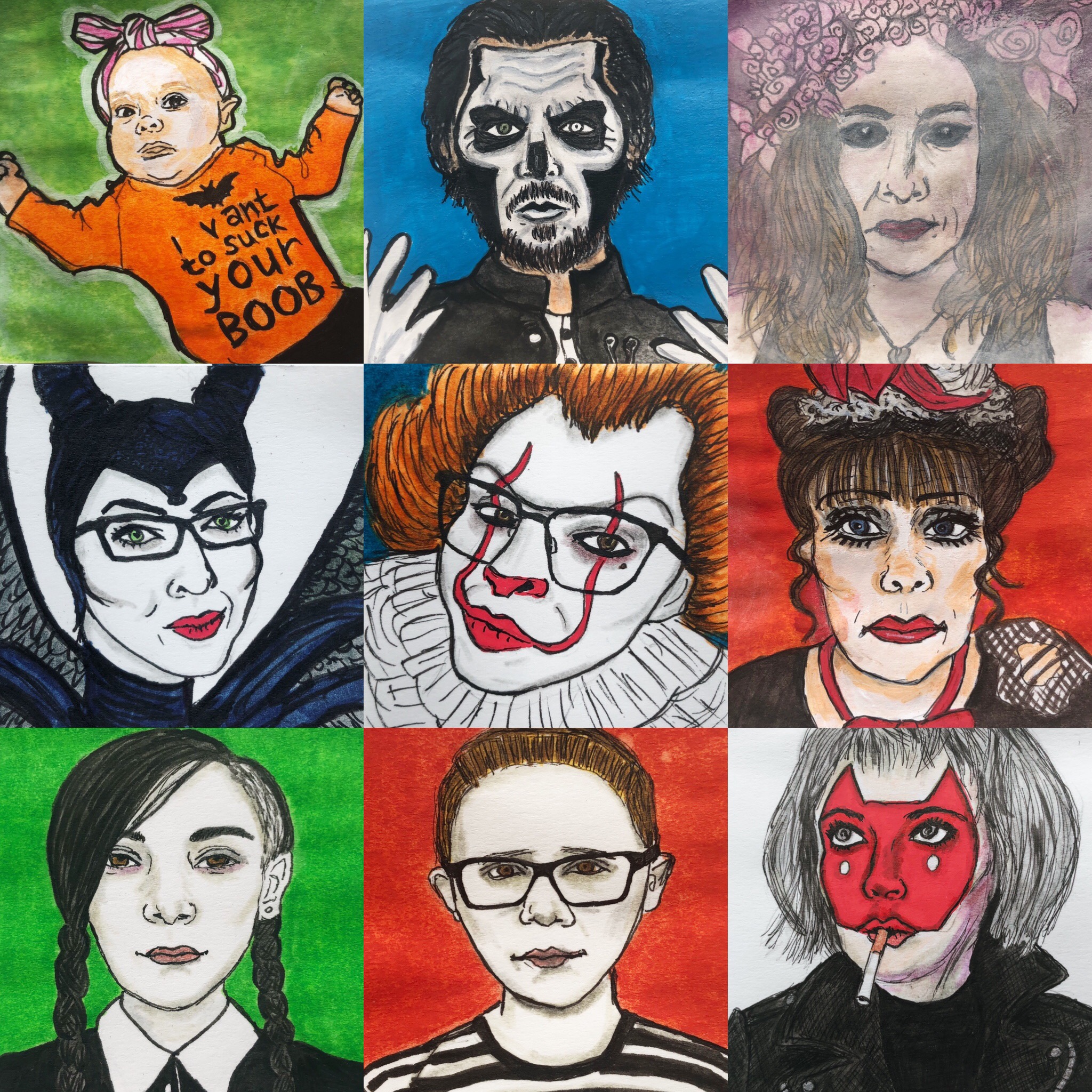For Inktober 2018 I was commissioned by some Instagram followers to create mini portraits of them as spooky beings (or in their Halloween costumes)! Part III includes a baby in a funny shirt, Papa Emeritus III, an ethereal being, Maleficent, Pennywise from IT, Mrs Lovett from Sweeney Todd, Wednesday Addams, Pugsley Addams, and a devil.