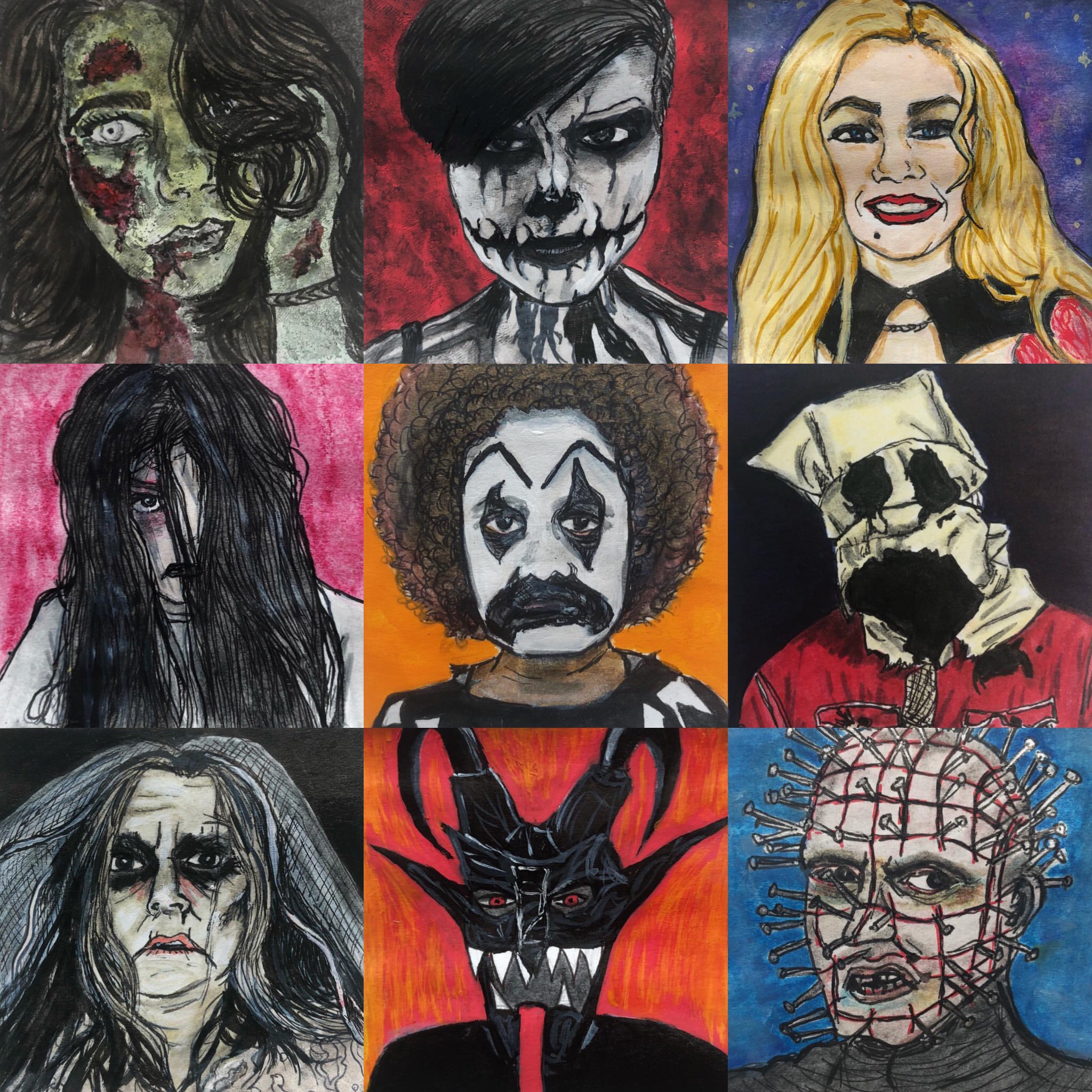 For Inktober 2018 I was commissioned by some Instagram followers to create mini portraits of them as spooky beings (or in their Halloween costumes)! Part I includes a zombie, scary clowns, Sarah Sanderson from Hocus Pocus, Kayako from The Grudge, a corpse bride, Krampus, and Pinhead from Hellraiser.
