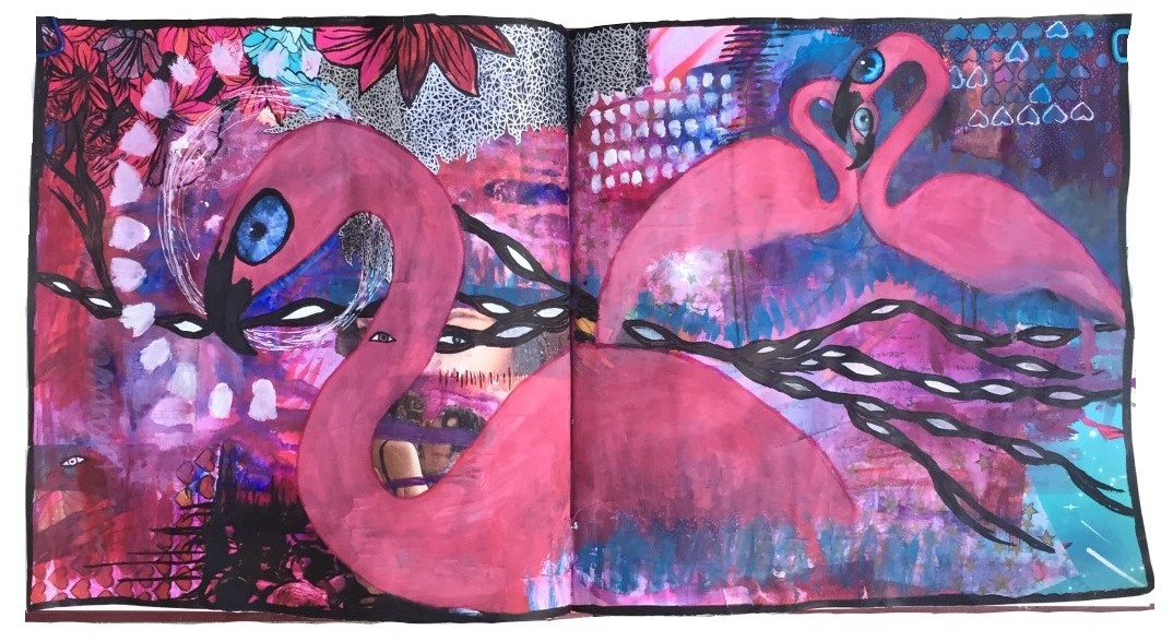 A large mixed media art journal page with a painting of evil looking flamingos; the page was created with acrylic paint, collage material, and ink.