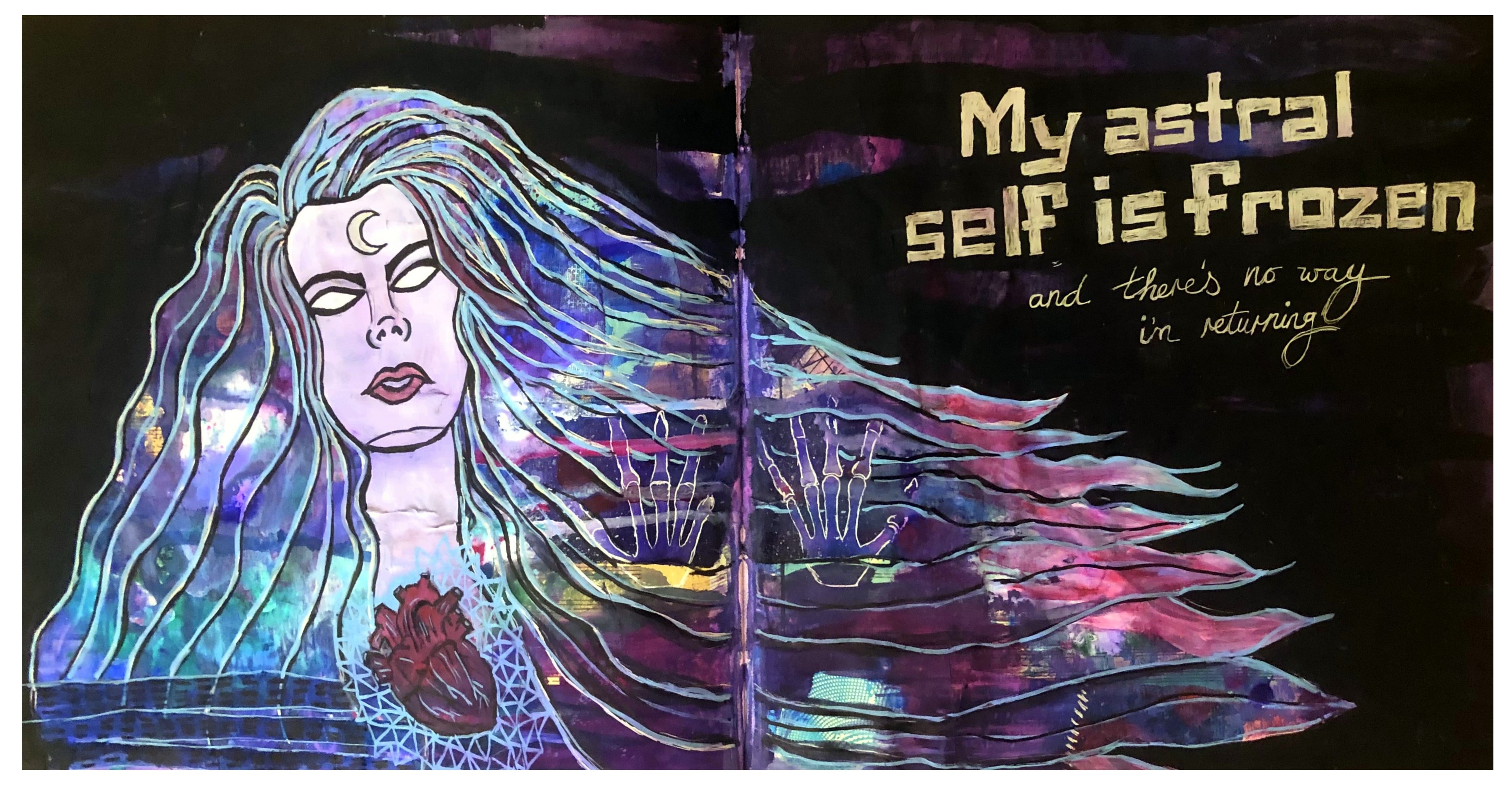 A large mixed media art journal page with a painting of an ethereal woman and lyrics by Monster Magnet; the page was created with acrylic paint, collage material, and ink.