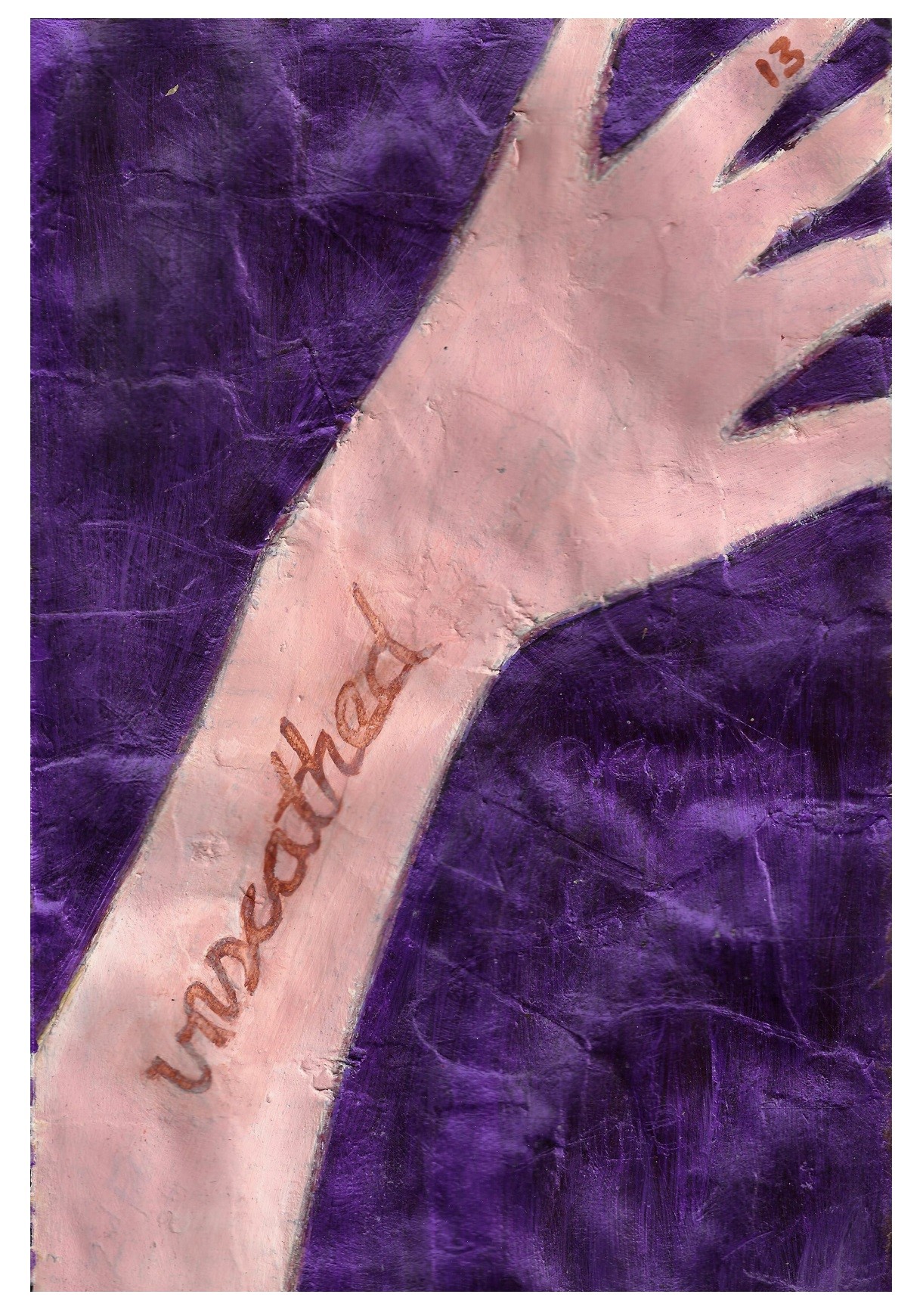 One of my first attempts at the Making Peace with the Past project (recycling old journals). I tore up journal pages from 2001, glued them on a page, and painted over it with acrylic paint. Illustration is of an arm and hand with the word unscathed written on it, the page also has some hidden lyrics etched into the background.