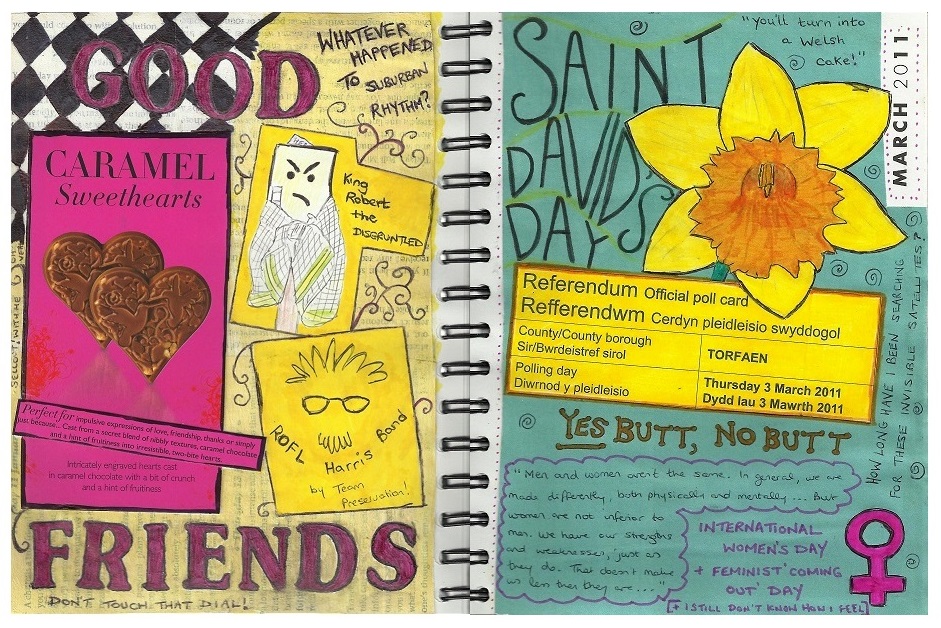 Mixed media art journal collages. The left page features ephemera from friends and doodles of inside jokes with lyrics by Reel Big Fish. The right page has a drawing of a daffodil for St. David's day with ephemera about elections and musings on feminism.