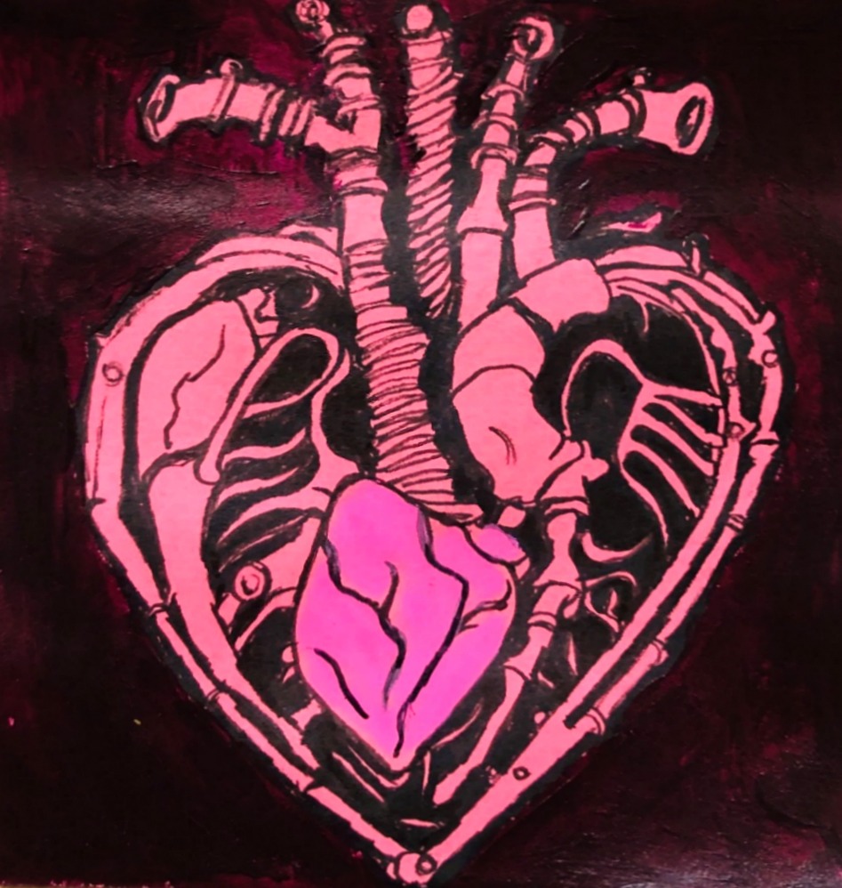 Cor aut mors. An illustration of a mechanical-like anatomical heart on a post-it note.