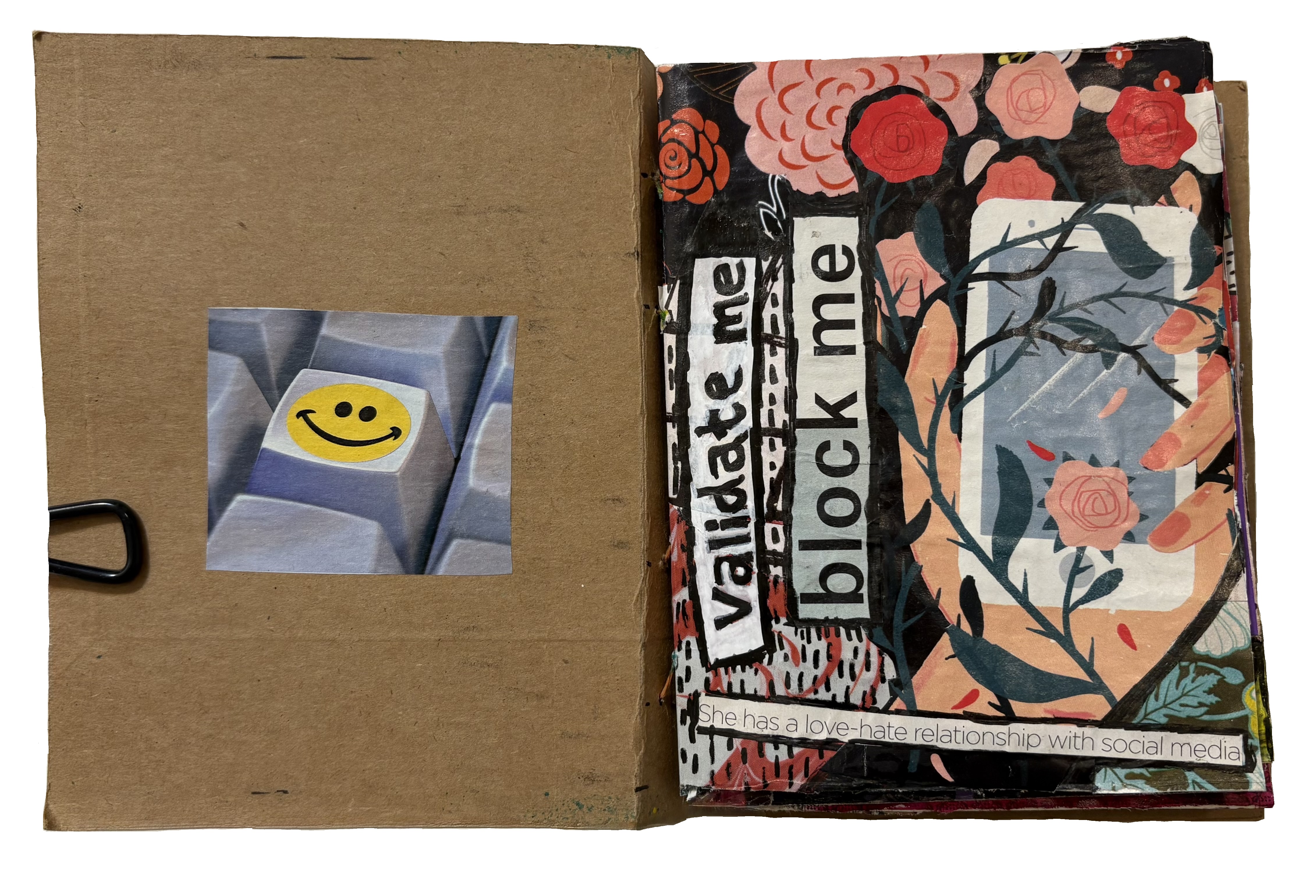 An art journal collage about a love-hate relationship with social media and validation.