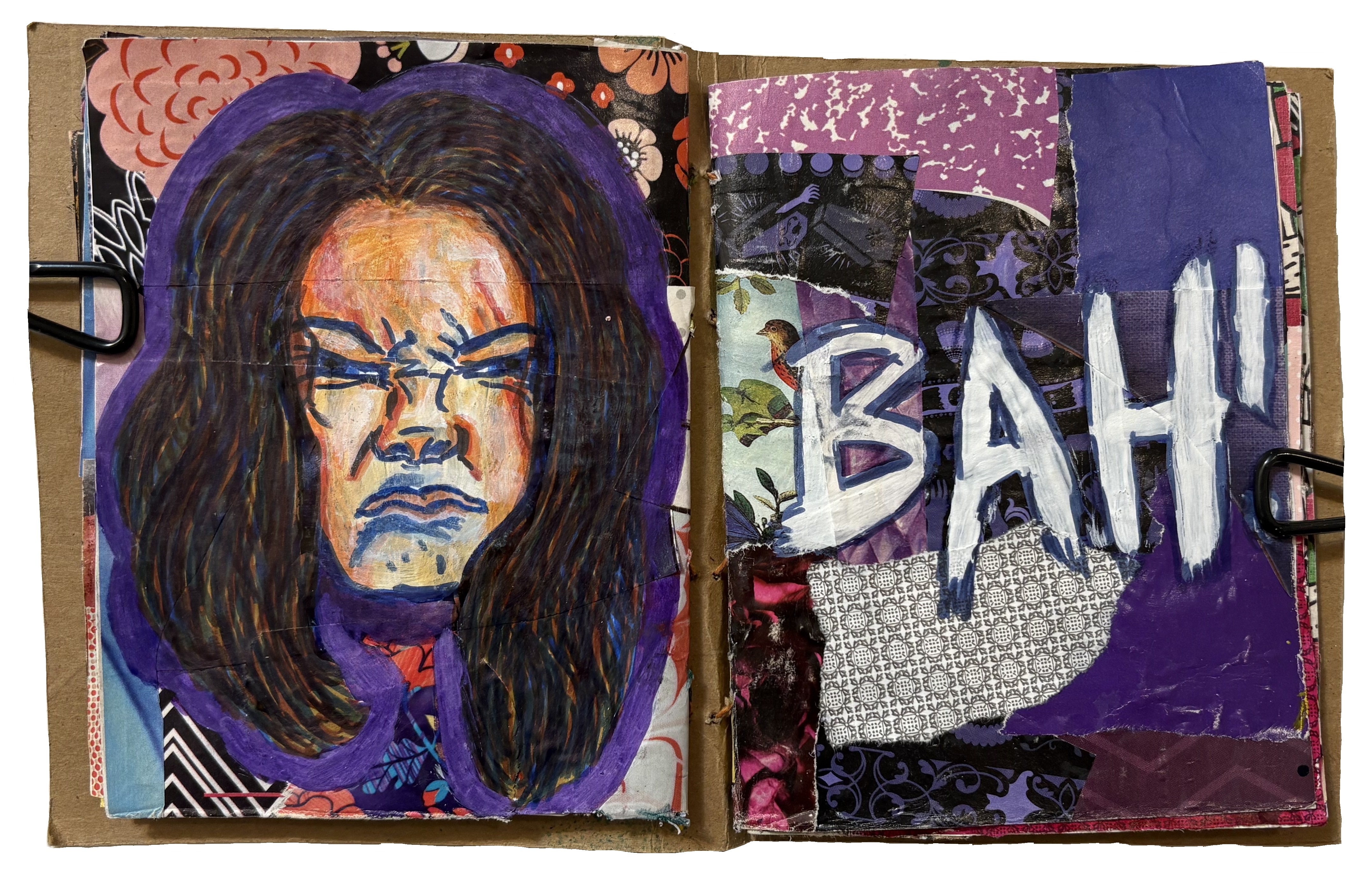 A mixed media art journal illustration of myself looking grumpy against a collaged background and the word bah! next to me.