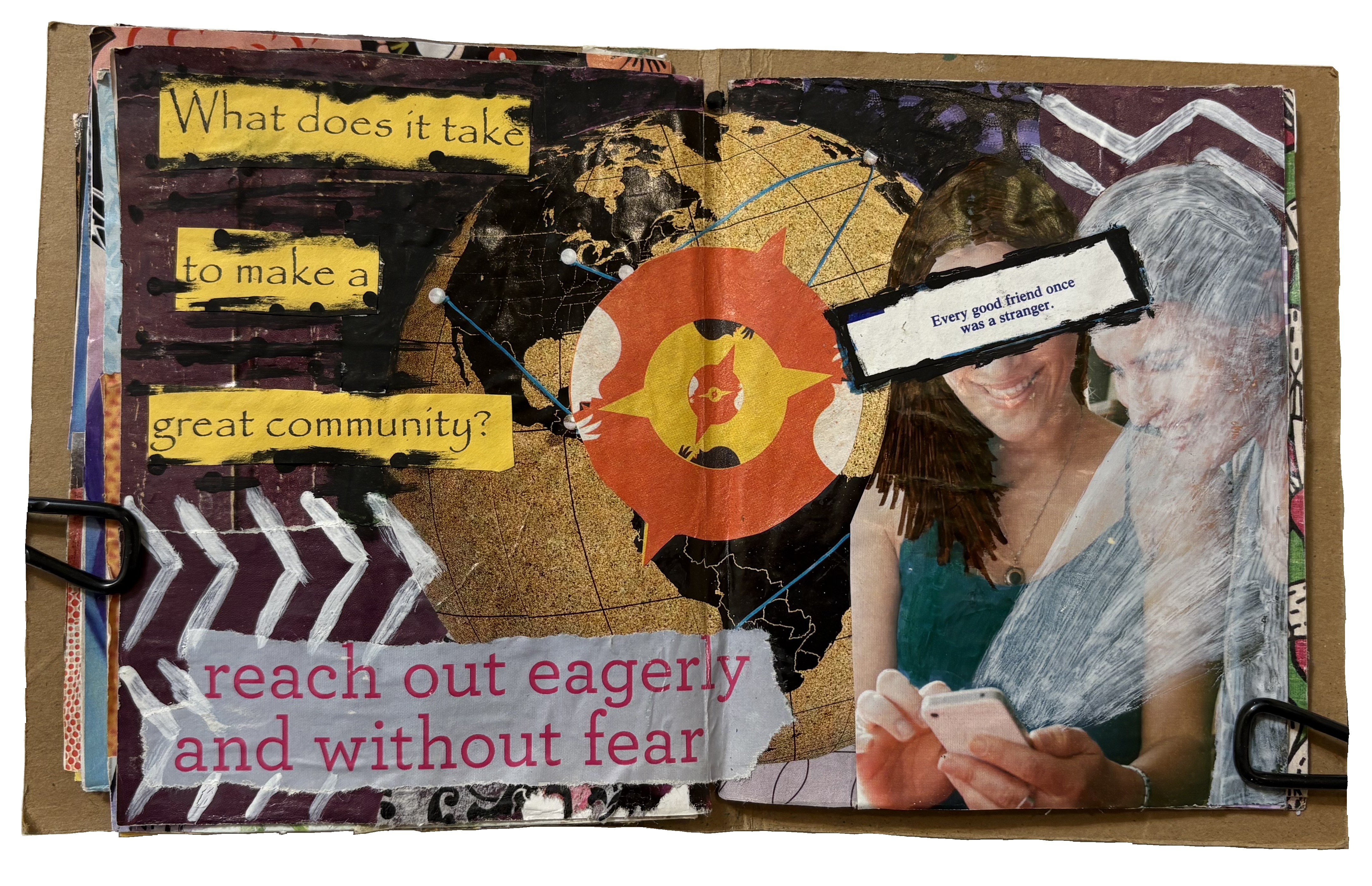 A mixed media art journal collage about the art community and social media.