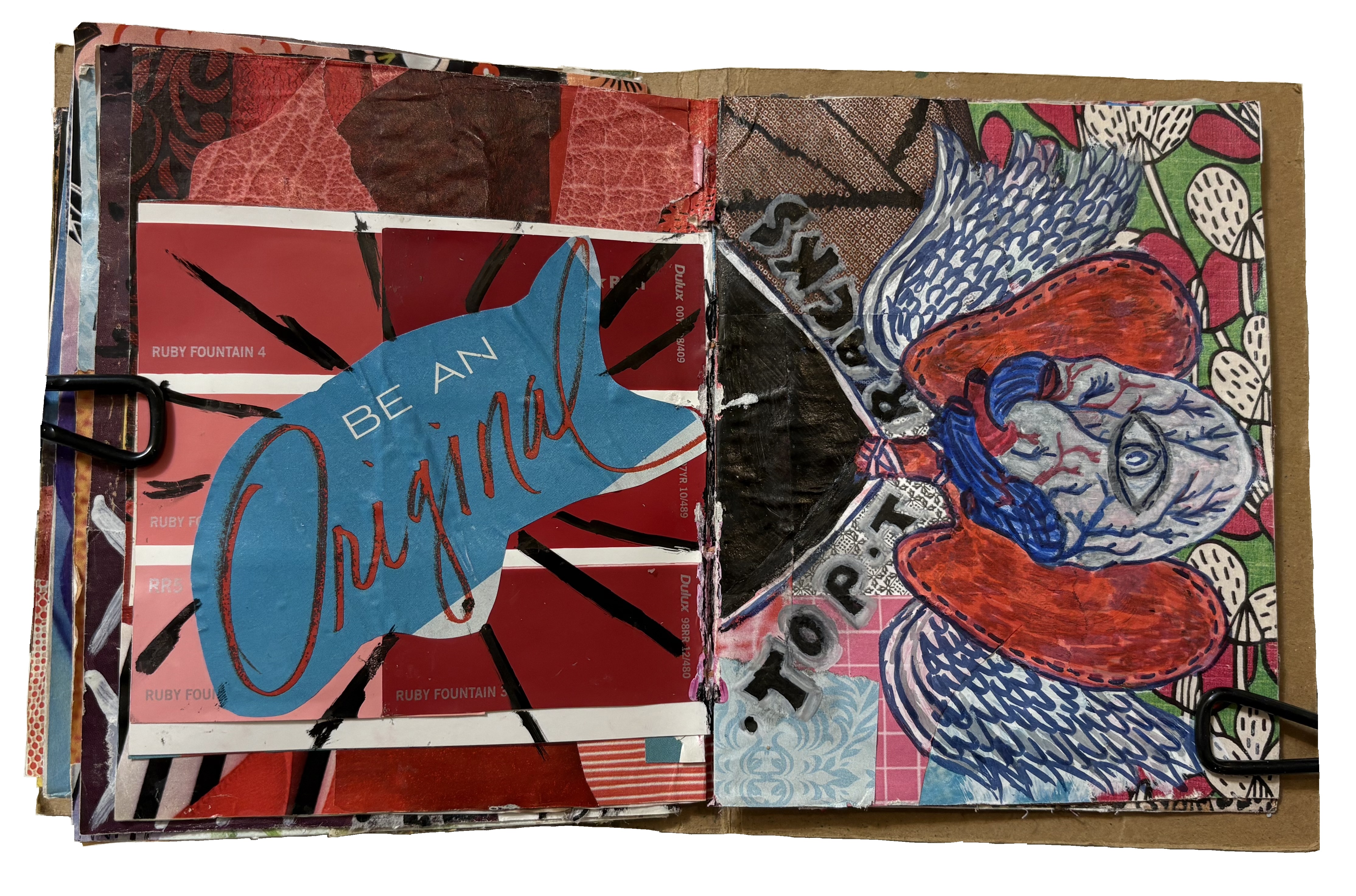 Art Every Day Month Day 29. A mixed media art journal collage about being original and a doodle of an anatomical heart and lungs with wings.