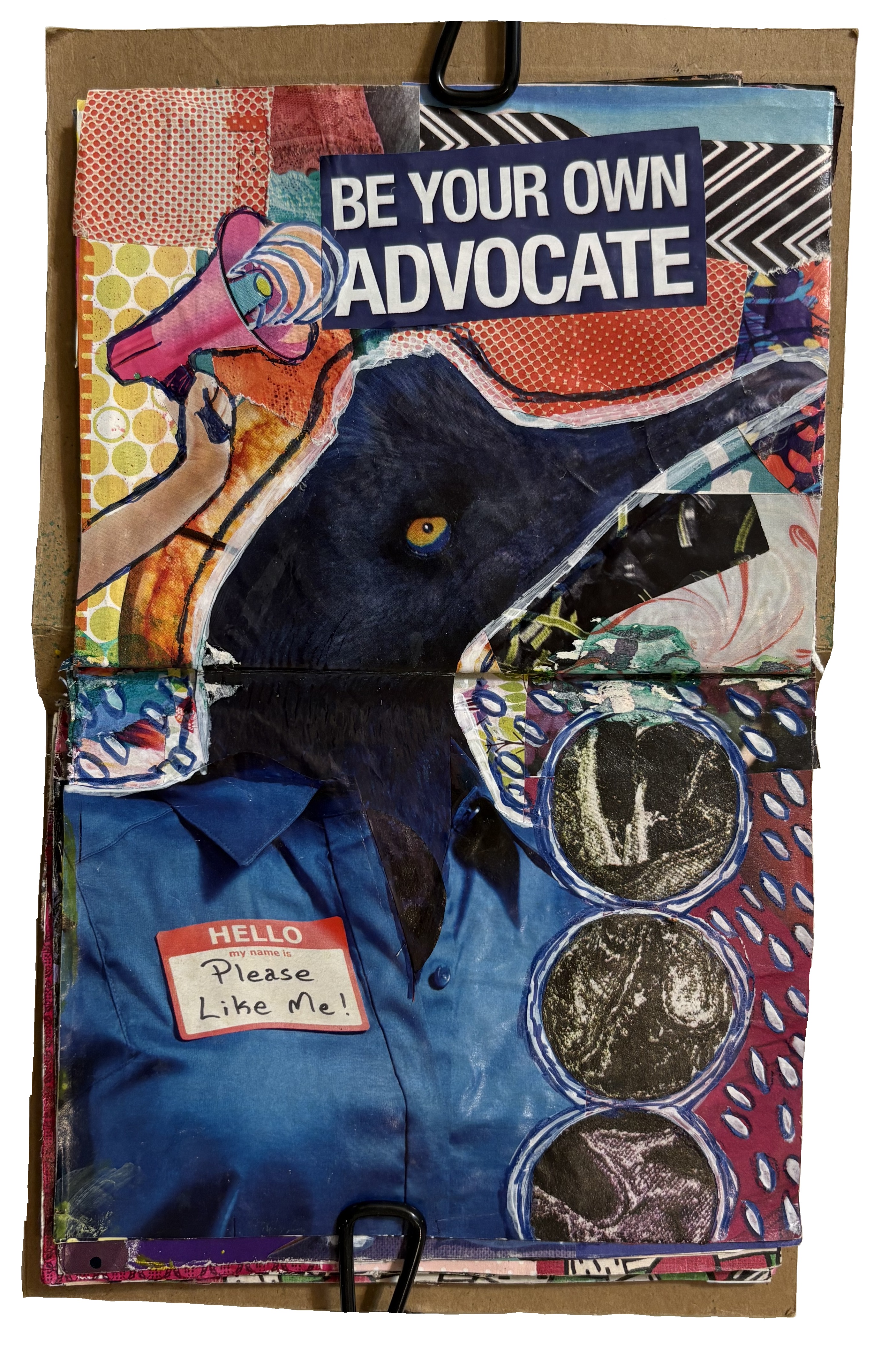 Art Every Day Month, Day 28. A mixed media art journal collage of a bird in a uniform about being your own advocate.