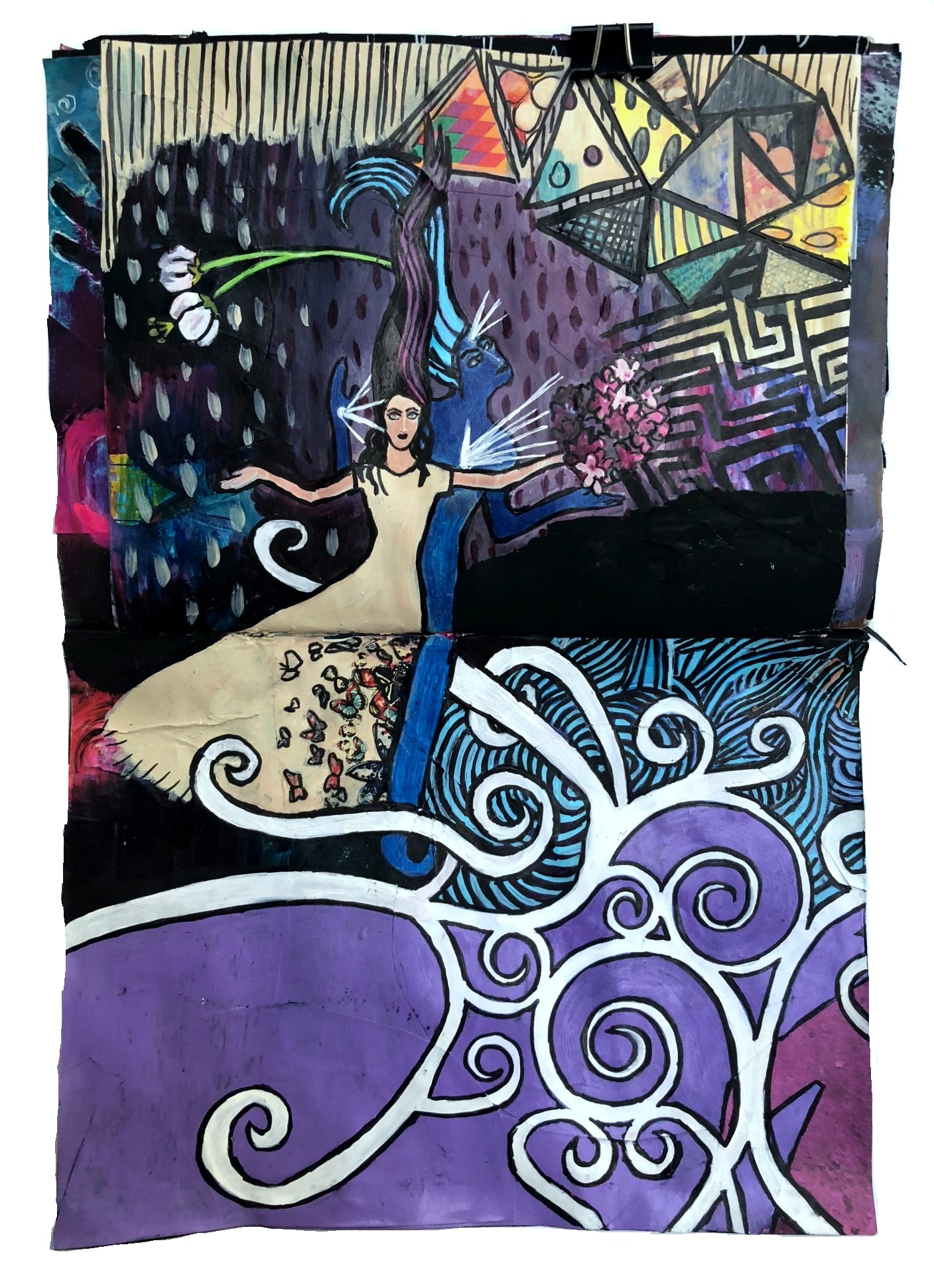 Day 209/365 of Year of Creative Habits. A mixed media art journal collage of two ethereal beings in love in front of an abstract patterned background.