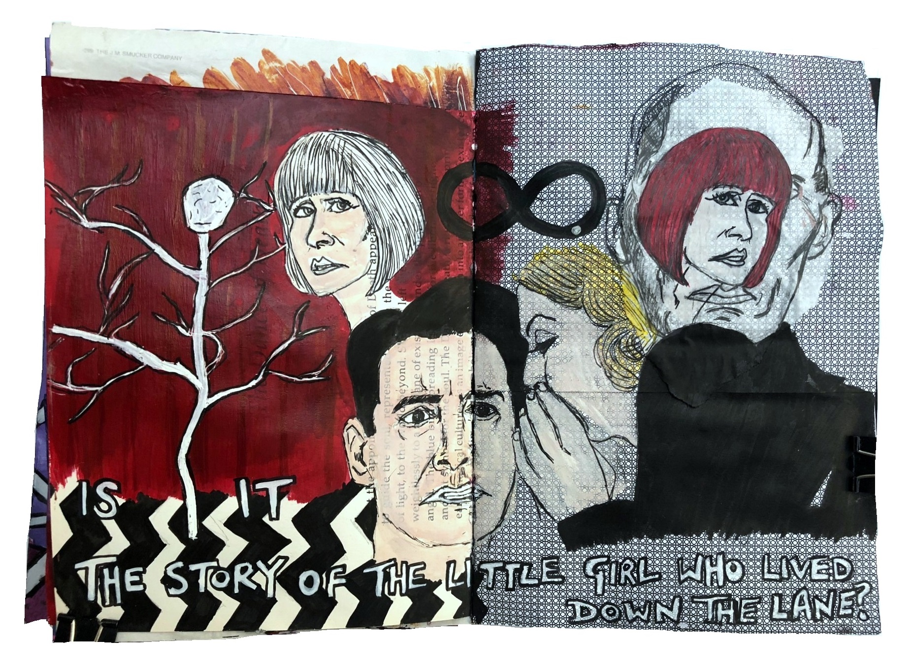 Day 247/365 of Year of Creative Habits. A mixed media art journal illustration of characters from the television show Twin Peaks with the words is it the story of the little girl who lived down the lane?
