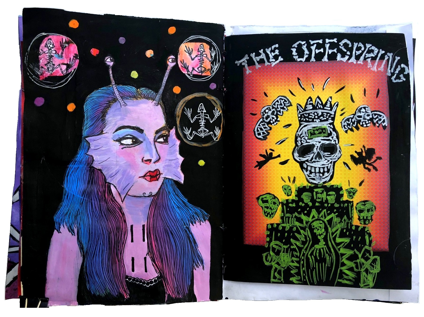 Left: Day 1 of the April Art Challenge. Right: Day 307/365 of Year of Creative Habits. A mixed media art journal illustration of an amphibian alien with doodles of frog skeletons and a drawing of the cover of The Offspring's Ixnay on the Hombre after I saw them play the entire album live.