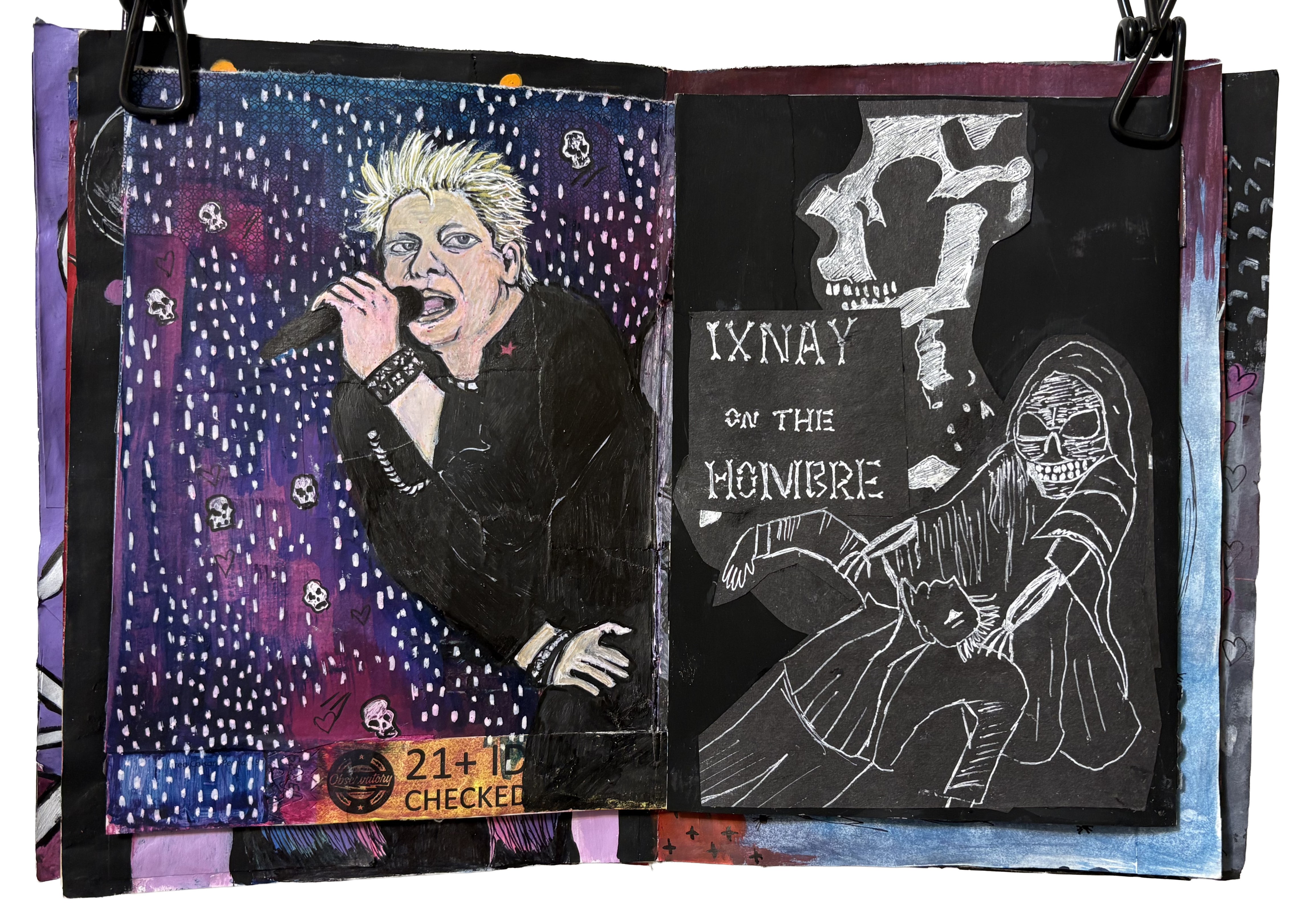 Day 315/365 of Year of Creative Habits. A mixed media art journal illustration of Dexter Holland from the band The Offspring after seeing them live with old doodles I drew as a teenager from the Ixnay on the Hombre album art.