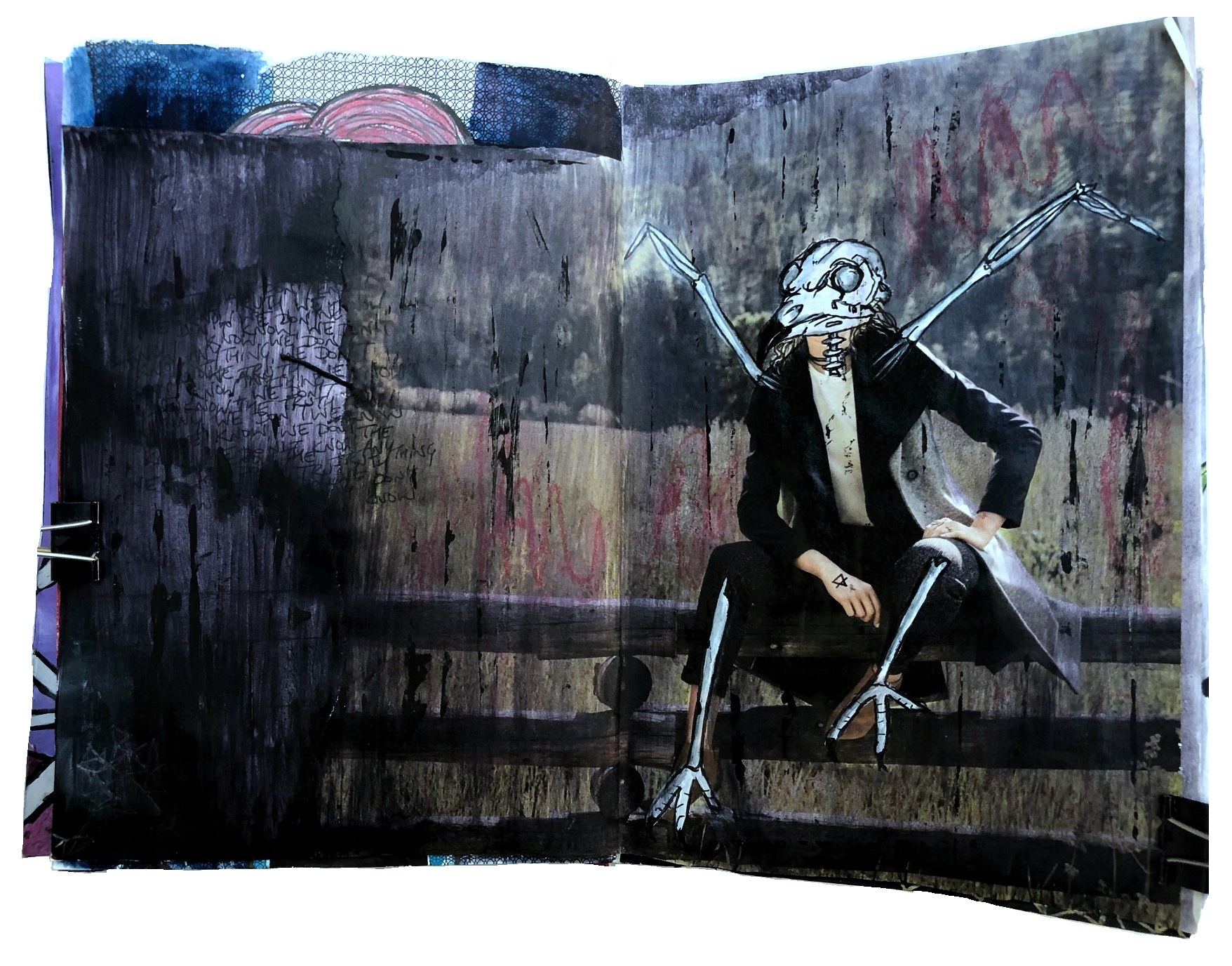 Day 2 of the April Art Challenge. A mixed media art journal page of a woman perched on a fence with an bird skull for a face. The inspiration came from a dream.