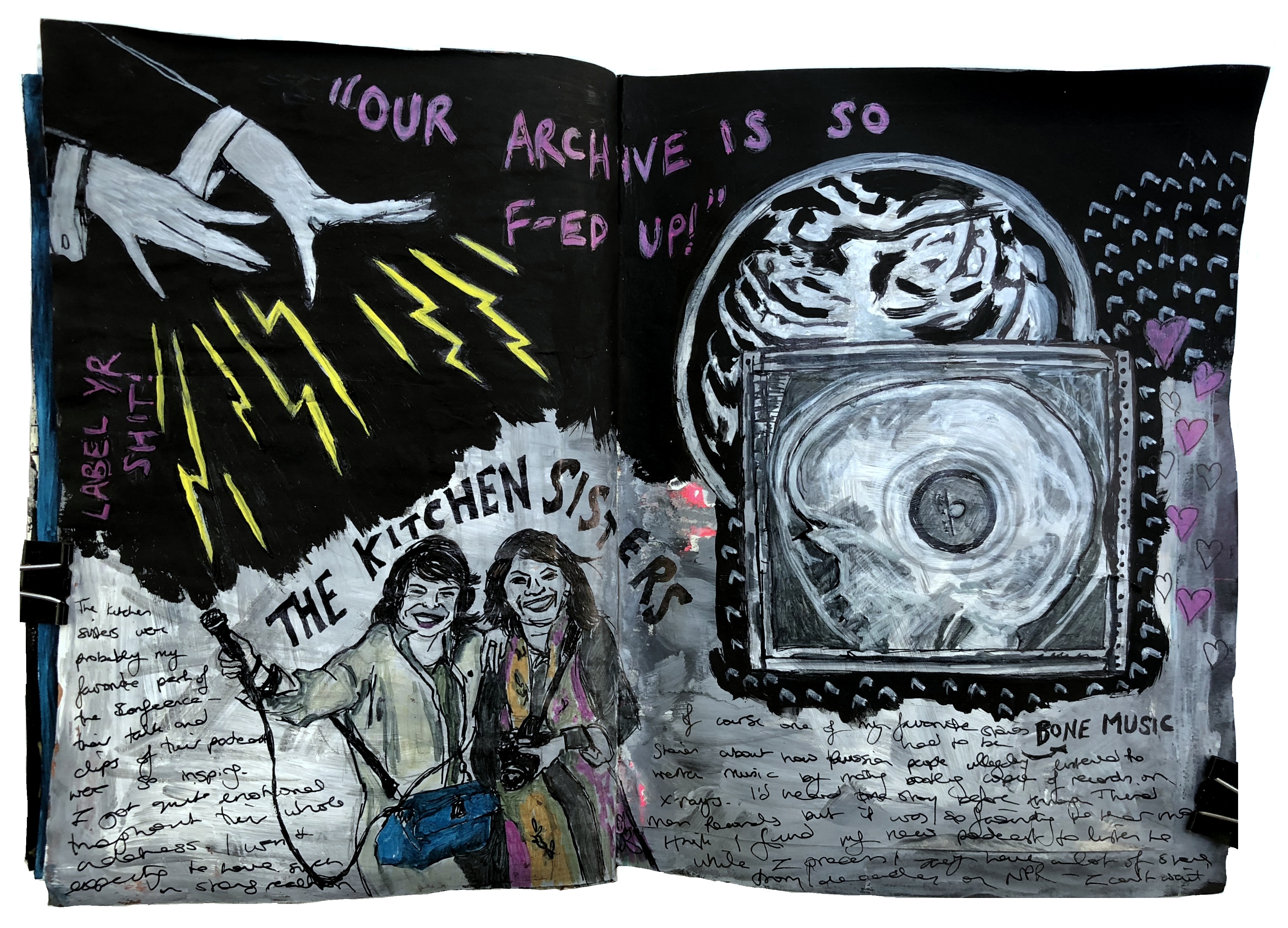 A mixed media art journal illustration of The Kitchen Sisters and bone music x-rays on vinyl with quotes by them saying label yr shit! and our archive is so f-ed up!