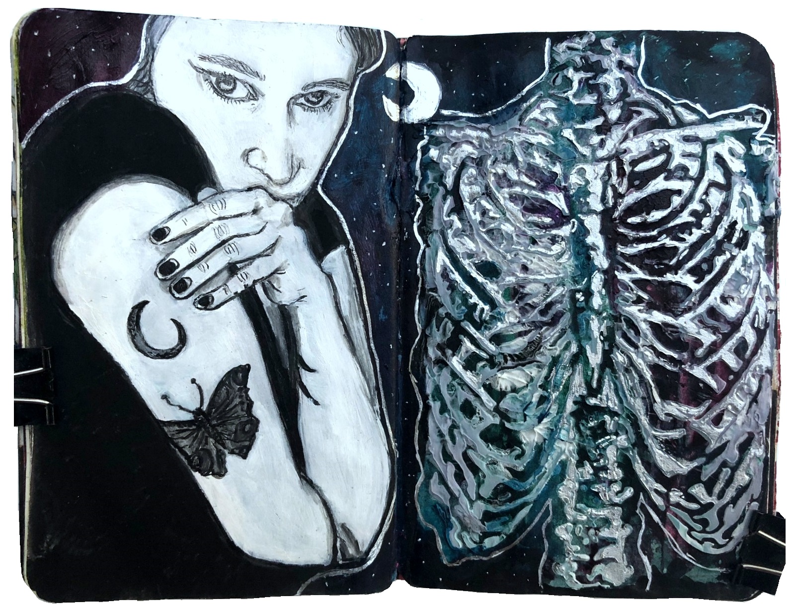 Day 338/365 of Year of Creative Habits. A mixed media art journal illustration of artist Vanessa Oliver-Lloyd next to a moon and a skeleton stencil.
