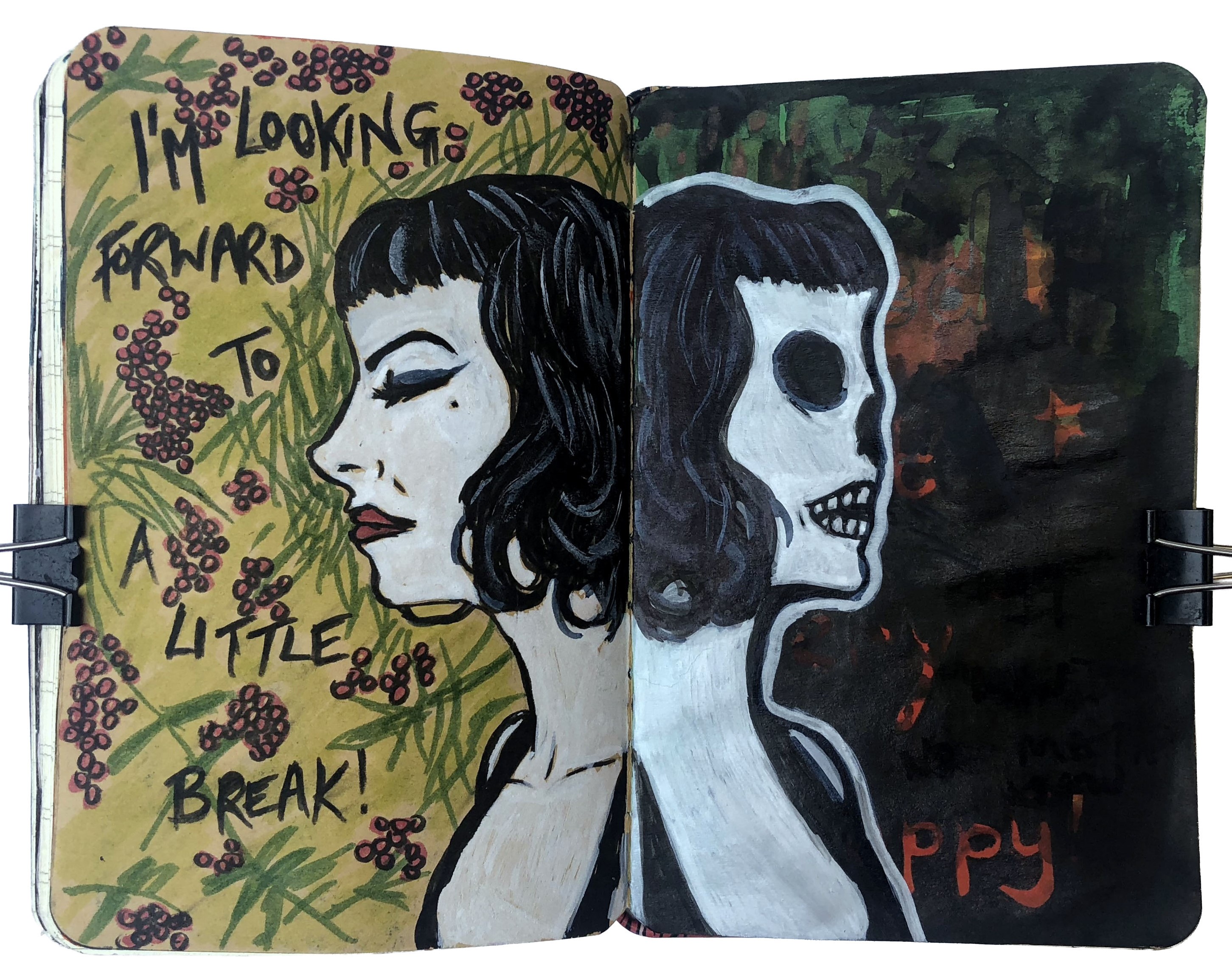 Days 341 and 342/365 of Year of Creative Habits. A mixed media art journal illustration of a pinup woman and skull joined at the head with a floral and dark background.