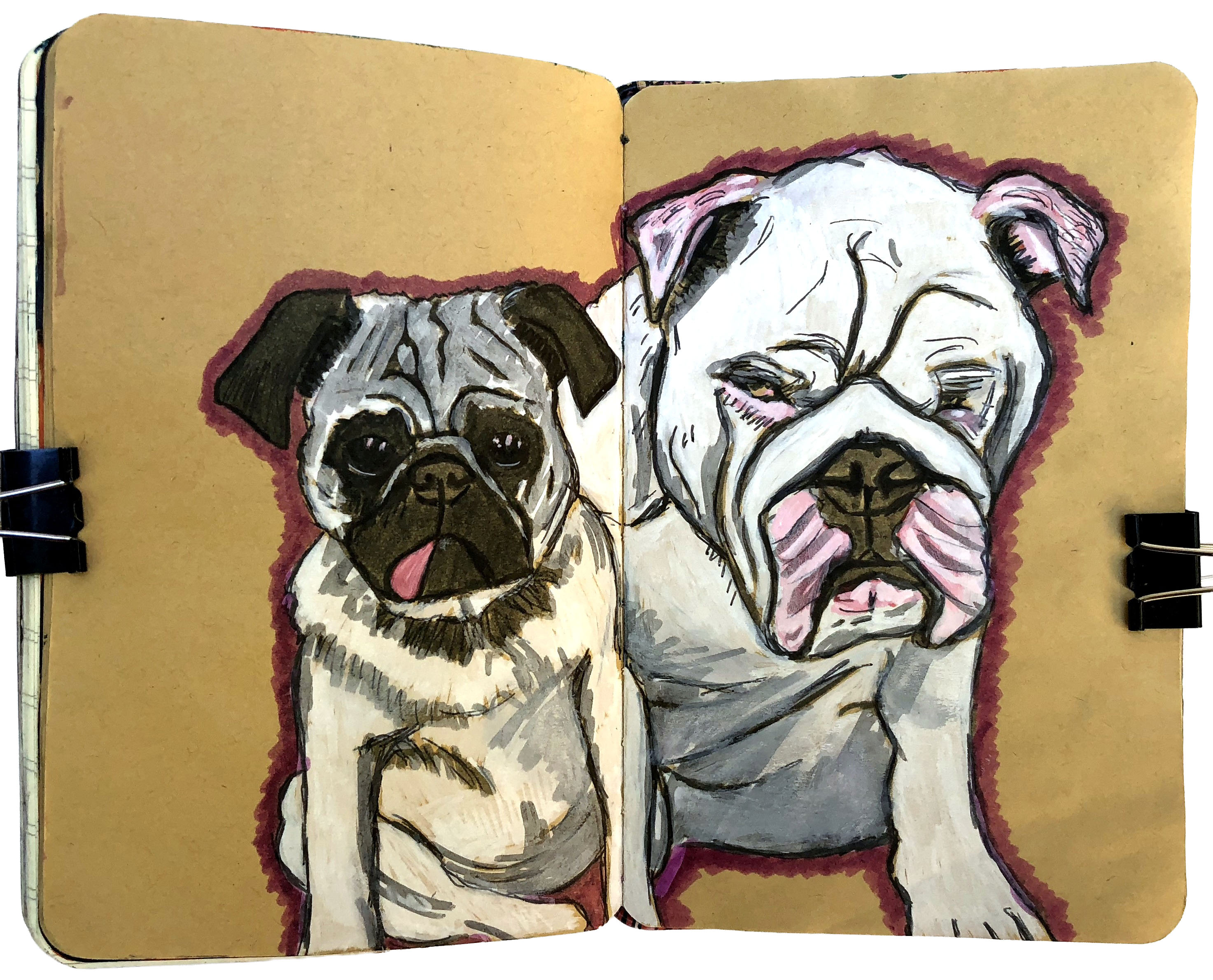 Day 327/365 of Year of Creative Habits. Mixed media art journal pet portraits of a grumpy pug and bulldog from Reddit Gets Drawn.