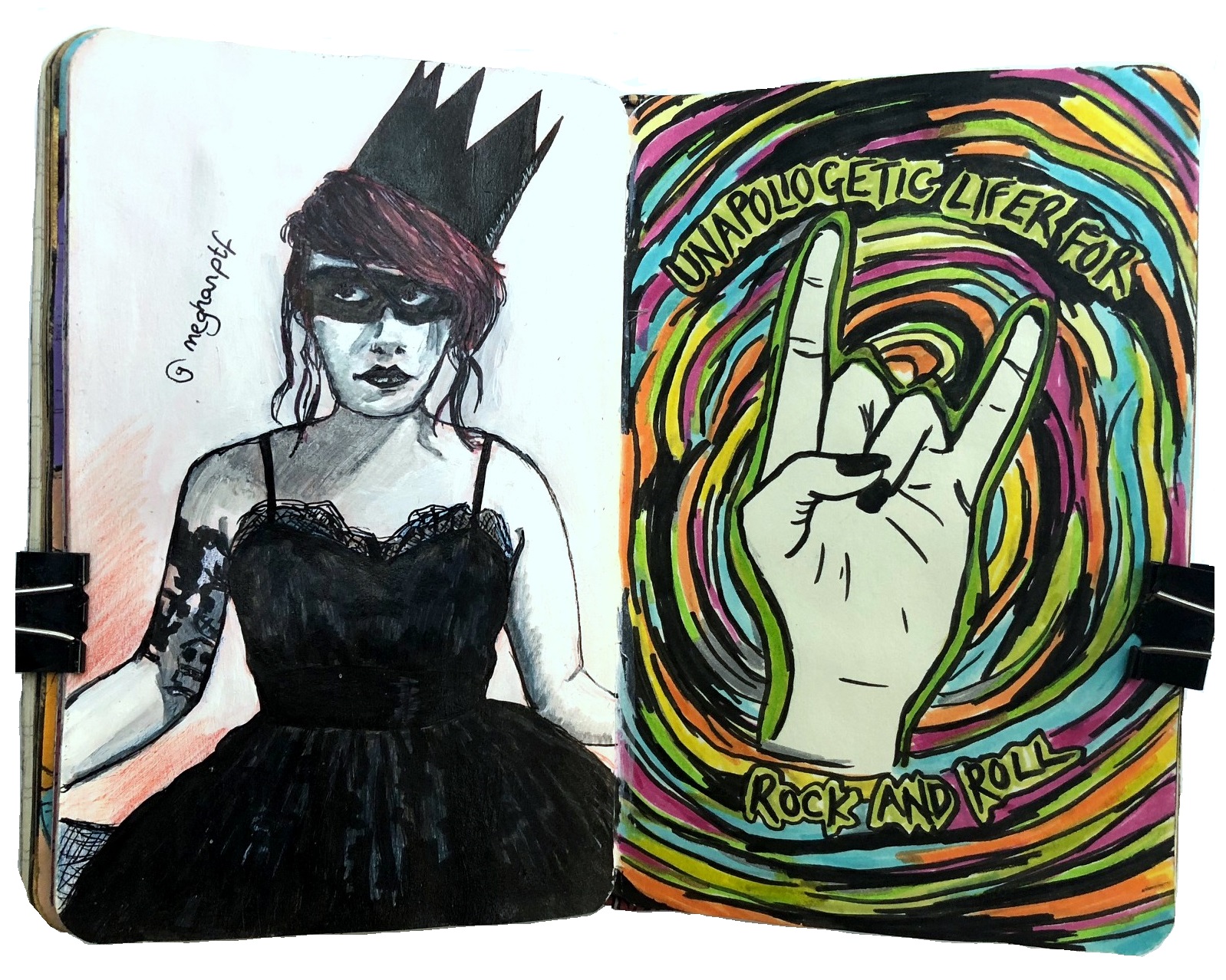 Day 319/365 of Year of Creative Habits. An art journal portrait of a woman with a crown on the left and drawing of devil horns with Clutch lyrics on right.