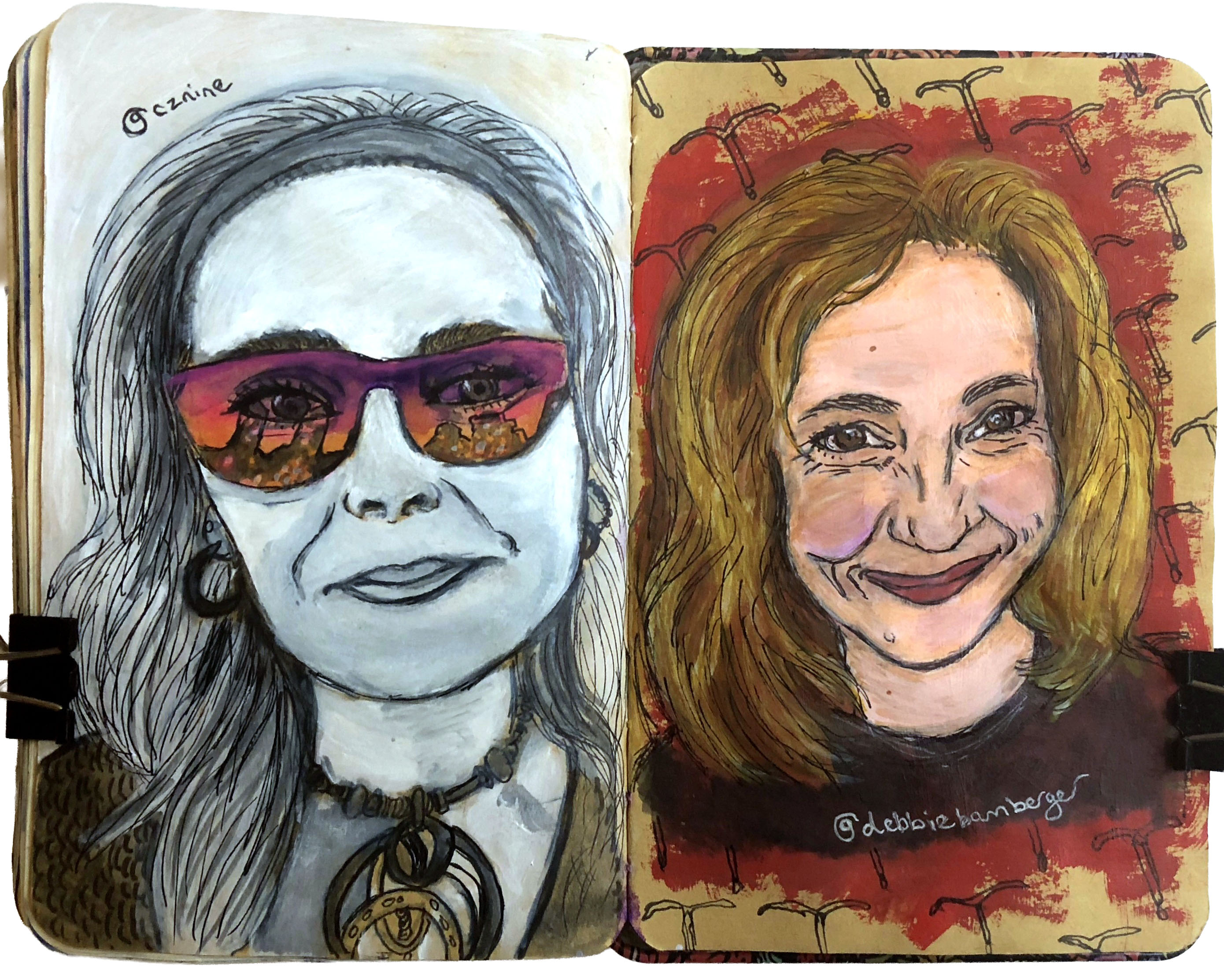 Mixed media art journal illustrations of people from Instagram for International Women's Day 2018.