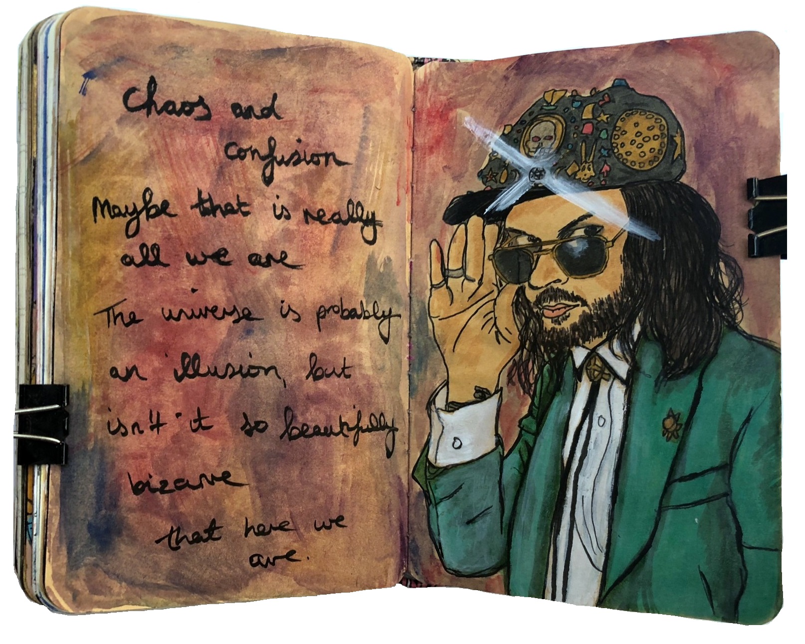 Day 6 of the April Art Challenge. A mixed media art journal illustration of King Tuff with lyrics from his song Psycho Star.