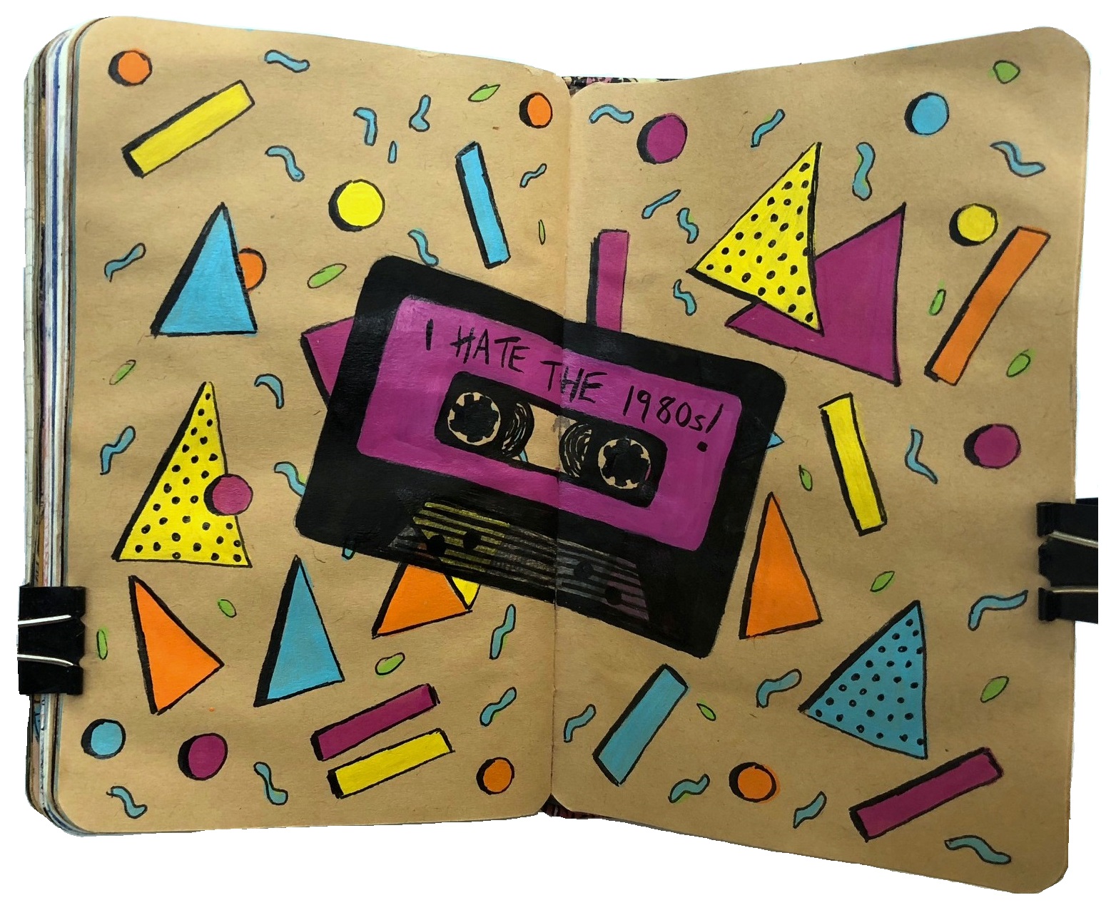 Day 8 of the April Art Challenge. An art journal illustration of a cassette tape that says I hate the 1980s! with doodles of shapes in the background.