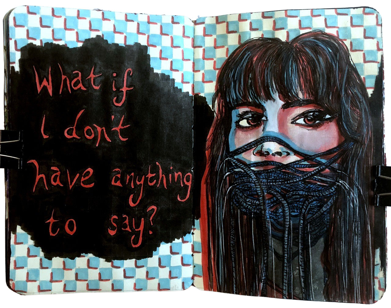 An art journal illustration about anxiety including a double exposure portrait of a woman with her mouth covered with wool and doodles.