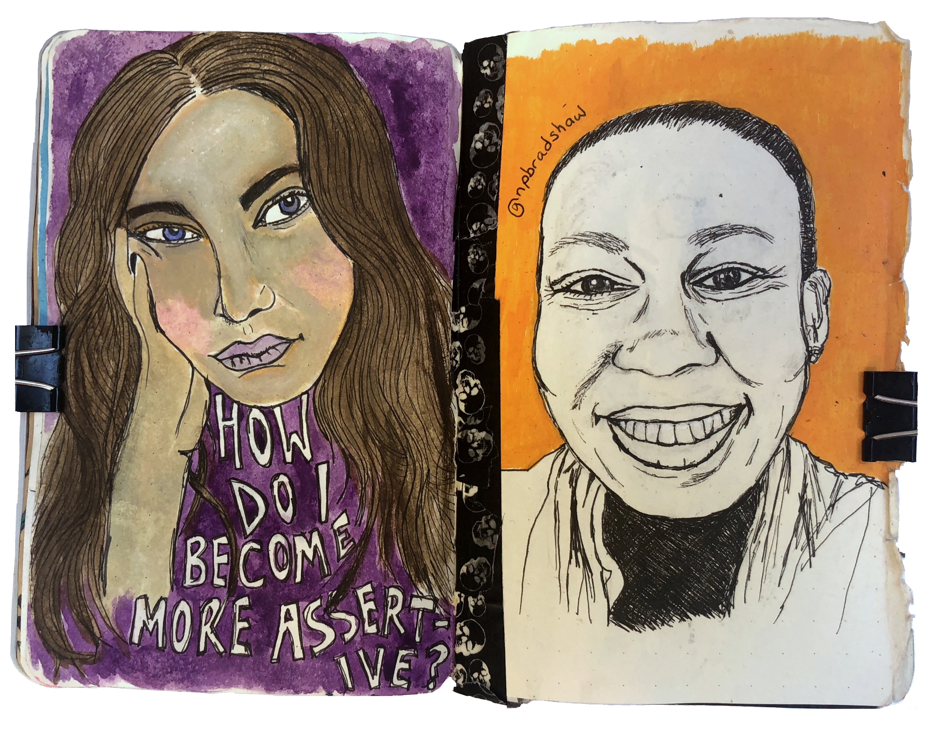 Days 331 and 155/365 of Year of Creative Habits. A mixed media art journal illustration about becoming more assertive and a quick portrait drawing of an Instagram follower.