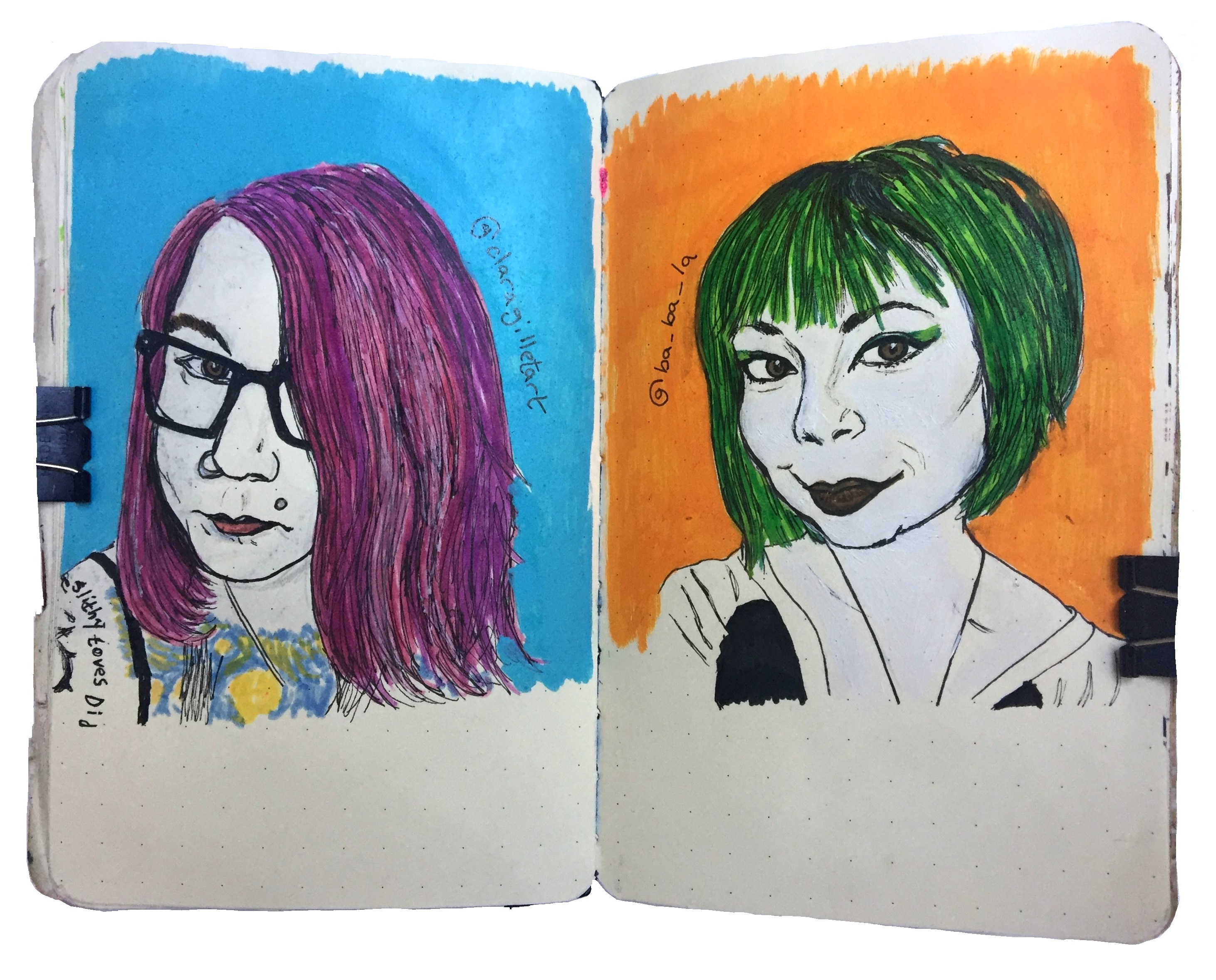 Mixed media art journal illustrations of Instagram followers.