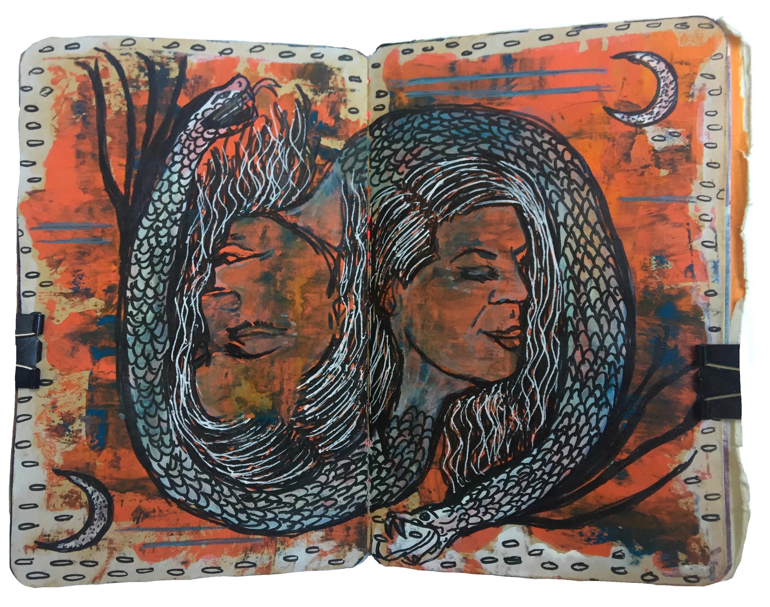 Day 170/365 of Year of Creative Habits. An art journal illustration of magical women and snakes.