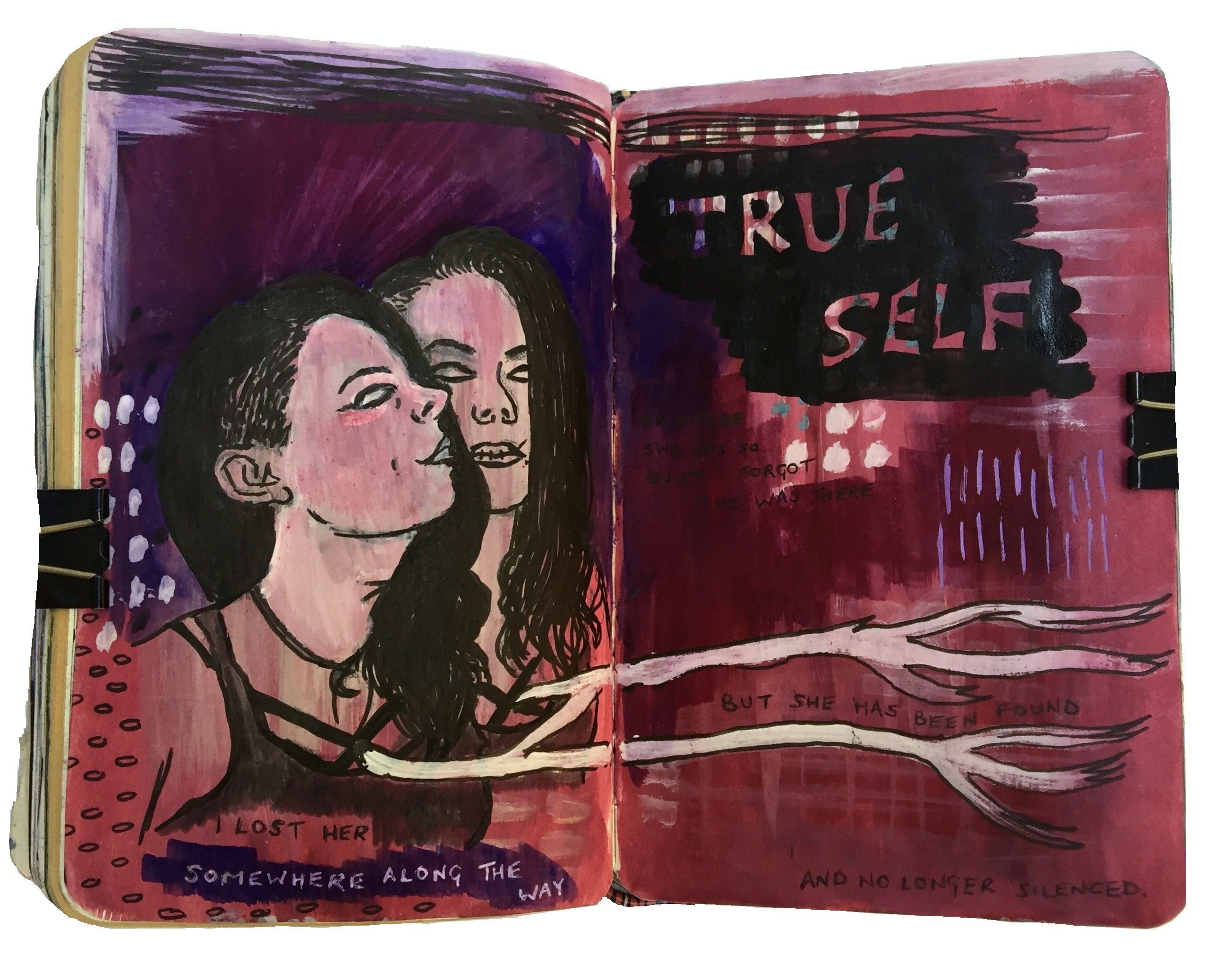 Day 168/365 of Year of Creative Habits. A mixed media art journal illustration of two versions of myself with one being my true self with a side cut hairstyle and doing what I want.