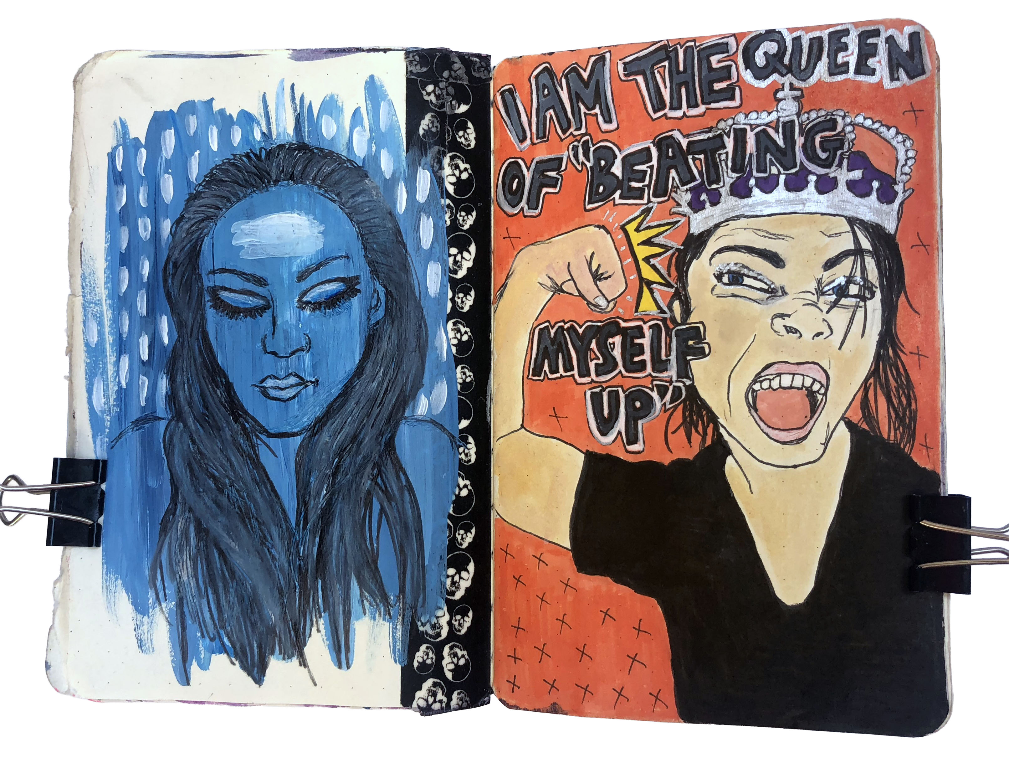 Days 333 and 332/365 of Year of Creative Habits. An art journal illustration of a sad woman in blue and a woman in a crown beating herself up (yes, the hand is the wrong way around).